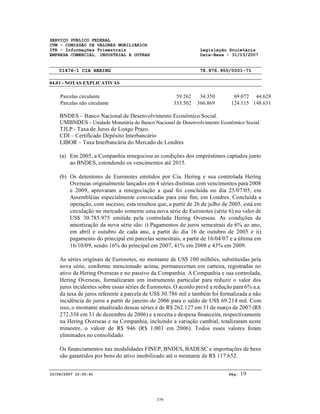 SERVIÇO PÚBLICO FEDERAL
CVM - COMISSÃO DE VALORES MOBILIÁRIOS
ITR - Informações Trimestrais Legislação Societária
EMPRESA COMERCIAL, INDUSTRIAL E OUTRAS Data-Base - 31/03/2007
01476-1 CIA HERING 78.876.950/0001-71
04.01 - NOTAS EXPLICATIVAS
15/06/2007 10:50:41 Pág: 19
Parcelas circulante 59.262 34.350 69.072 44.628
Parcelas não circulante 333.502 366.869 124.115 148.631
BNDES – Banco Nacional de Desenvolvimento Econômico Social.
UMBNDES - Unidade Monetária do Banco Nacional de Desenvolvimento Econômico Social.
TJLP - Taxa de Juros de Longo Prazo.
CDI – Certificado Depósito Interbancário
LIBOR – Taxa Interbancária do Mercado de Londres
(a) Em 2005, a Companhia renegociou as condições dos empréstimos captados junto
ao BNDES, estendendo os vencimentos até 2015.
(b) Os detentores de Euronotes emitidos por Cia. Hering e sua controlada Hering
Overseas originalmente lançados em 4 séries distintas com vencimentos para 2008
e 2009, aprovaram a renegociação a qual foi concluída no dia 25/07/05, em
Assembléias especialmente convocadas para este fim, em Londres. Concluída a
operação, com sucesso, esta resultou que, a partir de 26 de julho de 2005, está em
circulação no mercado somente uma nova série de Euronotes (série 6) no valor de
US$ 30.785.975 emitida pela controlada Hering Overseas. As condições de
amortização da nova série são: i) Pagamentos de juros semestrais de 6% ao ano,
em abril e outubro de cada ano, a partir do dia 16 de outubro de 2005 e ii)
pagamento do principal em parcelas semestrais, a partir de 16/04/07 e a última em
16/10/09, sendo 16% do principal em 2007, 41% em 2008 e 43% em 2009.
As séries originais de Euronotes, no montante de US$ 100 milhões, substituídas pela
nova série, conforme mencionado acima, permaneceram em carteira, registradas no
ativo da Hering Overseas e no passivo da Companhia. A Companhia e sua controlada,
Hering Overseas, formalizaram um instrumento particular para reduzir o valor dos
juros incidentes sobre essas séries de Euronotes. O acordo prevê a redução para 6% a.a.
da taxa de juros referente à parcela de US$ 30.786 mil e também foi formalizada a não
incidência de juros a partir de janeiro de 2006 para o saldo de US$ 69.214 mil. Com
isso, o montante atualizado dessas séries é de R$ 262.127 em 31 de março de 2007 (R$
272.338 em 31 de dezembro de 2006) e a receita e despesa financeira, respectivamente
na Hering Overseas e na Companhia, incluindo a variação cambial, totalizaram neste
trimestre, o valore de R$ 946 (R$ 1.003 em 2006). Todos esses valores foram
eliminados no consolidado.
Os financiamentos nas modalidades FINEP, BNDES, BADESC e importações de bens
são garantidos por bens do ativo imobilizado até o montante de R$ 117.652.
379
 