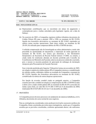 SERVIÇO PÚBLICO FEDERAL
CVM - COMISSÃO DE VALORES MOBILIÁRIOS
ITR - Informações Trimestrais Legislação Societária
EMPRESA COMERCIAL, INDUSTRIAL E OUTRAS Data-Base - 31/03/2007
01476-1 CIA HERING 78.876.950/0001-71
04.01 - NOTAS EXPLICATIVAS
15/06/2007 10:50:41 Pág: 22
(a) Representam contribuições que se encontram em atraso de pagamento e
contemplavam juros e multas calculados pela legislação vigente, até a data do
balanço.
(b) No exercício de 2003, a Companhia, registrou créditos tributários decorrentes do
Crédito Prêmio IPI, para o período 1989 a 1990, no montante de R$ 35.030,
líquido dos honorários advocatícios no montante de R$ 18.862, registrados na
rubrica outras receitas operacionais. Parte deste crédito, no montante de R$
28.454, foi utilizado para compensar débitos de PIS e COFINS devidos.
A referida compensação não foi homologada na esfera administrativa, tendo sido
procedida na oportunidade do lançamento, a imposição de multa agravada no
montante de R$ 42.681, nos termos que determina o Ato Declaratório
Interpretativo da Secretaria da Receita Federal número 17/2002, no entanto, a
citada multa foi totalmente afastada em decisão proferida pelo Conselho de
Contribuintes do Ministério da Fazenda, todavia em processo ainda não concluído,
pois o mesmo se encontra pendente de apreciação de embargos de declaração
interposto pela Procuradoria da Fazenda Nacional.
Face à decisão proferida pelo Superior Tribunal de Justiça em novembro de 2005,
em relação à matéria do crédito prêmio IPI a Companhia estornou a contabilização
do referido crédito, refletindo a débito no resultado da Companhia o montante de
R$ 35.030, líquidos dos honorários advocatícios no montante de R$ 18.862,
contabilizado na rubrica de outras despesas operacionais.
Em função da reversão contábil citada no parágrafo anterior, a Companhia
constitui provisão contábil em relação às compensações do PIS e COFINS levadas
a efeito com o citado crédito prêmio IPI, no montante de R$ 28.454, acrescidos de
multa e juros Selic, no valor R$ 16.575 (R$ 15.869 em 31 de dezembro de 2006)
totalizando R$ 45.029 (R$ 44.323 em 31 de dezembro de 2006).
17. PROVISÕES
A Companhia possui diversos processos em andamento de natureza trabalhista, civil e
tributária, decorrentes do curso normal de seus negócios.
Para as contingências consideradas como perda provável pelos assessores jurídicos da
Companhia, foram constituídas provisões para contingências, sendo que a Companhia
acredita que as provisões constituídas, conforme apresentado abaixo, são suficientes
382
 