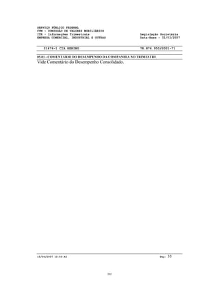 SERVIÇO PÚBLICO FEDERAL
CVM - COMISSÃO DE VALORES MOBILIÁRIOS
ITR - Informações Trimestrais Legislação Societária
EMPRESA COMERCIAL, INDUSTRIAL E OUTRAS Data-Base - 31/03/2007
01476-1 CIA HERING 78.876.950/0001-71
05.01 - COMENTÁRIO DO DESEMPENHO DA COMPANHIA NO TRIMESTRE
15/06/2007 10:50:42 Pág: 35
Vide Comentário do Desempenho Consolidado.
395
 