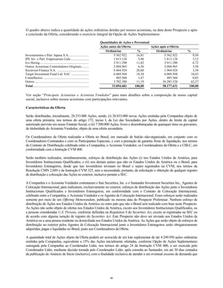 O quadro abaixo indica a quantidade de ações ordinárias detidas por nossos acionistas, na data deste Prospecto e após
a conclusão da Oferta, considerando o exercício integral da Opção de Ações Suplementares:
Quantidades de Ações e Percentual
Ações antes da Oferta Ações após a Oferta
Ordinárias % Ordinárias %
Investimentos e Part. Inpasa S.A......................... 5.562.922 16,81 5.562.922 9,56
IPE Inv. e Part. Empresariais Ltda...................... 1.813.128 5,48 1.813.128 3,12
Ivo Hering........................................................... 3.911.290 11,82 3.911.290 6,72
Outros Acionistas Controladores Originais......... 2.084.965 6,30 2.084.965 3,58
Socinvest Finance S.A. ...................................... 9.464.924 28,60 1.964.924 3,38
Target Investment Fund Ltd. SAC ..................... 6.069.504 18,34 6.069.504 10,43
Conselheiros ....................................................... 485.560 1,47 485.560 0,83
Outros ................................................................. 3.702.388 11,19 36.285.338 62,37
Total................................................................... 33.094.681 100,00 58.177.631 100,00
Ver seção “Principais Acionistas e Acionista Vendedor” para mais detalhes sobre a composição de nosso capital
social, inclusive sobre nossos acionistas com participações relevantes.
Características da Oferta
Serão distribuídas, inicialmente, 28.333.000 Ações, sendo, (i) 20.833.000 novas Ações emitidas pela Companhia objeto de
uma oferta primária, nos termos do artigo 172, inciso I, da Lei das Sociedades por Ações, dentro do limite de capital
autorizado previsto em nosso Estatuto Social; e (ii) 7.500.000 Ações, livres e desembaraçadas de quaisquer ônus ou gravames,
de titularidade do Acionista Vendedor, objeto de uma oferta secundária.
Os Coordenadores da Oferta realizarão a Oferta no Brasil, em mercado de balcão não-organizado, em conjunto com os
Coordenadores Contratados e com os Participantes Especiais, e com a prestação de garantia firme de liquidação, nos termos
do Contrato de Distribuição celebrado entre a Companhia, o Acionista Vendedor, os Coordenadores da Oferta e a CBLC, em
conformidade com a Instrução CVM 400.
Serão também realizados, simultaneamente, esforços de distribuição das Ações (i) nos Estados Unidos da América, para
Investidores Institucionais Qualificados; e (ii) nos demais países que não os Estados Unidos da América ou o Brasil, para
Investidores Estrangeiros, desde que tais investidores invistam no Brasil e sejam registrados na CVM, nos termos da
Resolução CMN 2.689 e da Instrução CVM 325, sem a necessidade, portanto, da solicitação e obtenção de qualquer registro
de distribuição e colocação das Ações no exterior, inclusive perante a SEC.
A Companhia e o Acionista Vendedor contrataram o Itaú Securities, Inc. e o Santander Investment Securities Inc., Agentes de
Colocação Internacional, para realizarem, exclusivamente no exterior, esforços de distribuição das Ações junto a Investidores
Institucionais Qualificados e Investidores Estrangeiros, em conformidade com o Contrato de Colocação Internacional,
celebrado entre a Companhia, o Acionista Vendedor e os Agentes de Colocação Internacional. Esses esforços serão realizados
somente por meio de um Offering Memorandum, publicado na mesma data do Prospecto Preliminar. Nenhum esforço de
distribuição de Ações nos Estados Unidos da América ou outro país que não o Brasil será realizado com base neste Prospecto.
As Ações não serão objeto de ofertas nos Estados Unidos da América, exceto aos Investidores Institucionais Qualificados, ou
a pessoas consideradas U.S. Persons, conforme definidas na Regulation S do Securities Act, exceto se registradas na SEC ou
de acordo com alguma isenção de registro do Securities Act. Este Prospecto não deve ser enviado aos Estados Unidos da
América ou a uma pessoa residente ou domiciliada nos Estados Unidos da América. As Ações que serão objeto de esforços de
distribuição no exterior pelos Agentes de Colocação Internacional junto a Investidores Estrangeiros serão obrigatoriamente
adquiridas, pagas e liquidadas no Brasil, junto aos Coordenadores da Oferta.
A quantidade total de Ações objeto da Oferta poderá ser acrescida de um lote suplementar de até 4.249.950 ações ordinárias
emitidas pela Companhia, equivalente a 15% das Ações inicialmente ofertadas, conforme Opção de Ações Suplementares
outorgada pela Companhia ao Coordenador Líder, nos termos do artigo 24 da Instrução CVM 400, a ser exercida pelo
Coordenador Líder, mediante decisão tomada pelo Coordenador Líder, após consulta ao Santander, em até 30 dias contados
da publicação do Anúncio de Início (inclusive), com a finalidade exclusiva de atender a um eventual excesso de demanda que
40
 