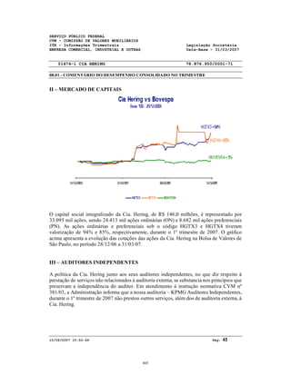 SERVIÇO PÚBLICO FEDERAL
CVM - COMISSÃO DE VALORES MOBILIÁRIOS
ITR - Informações Trimestrais Legislação Societária
EMPRESA COMERCIAL, INDUSTRIAL E OUTRAS Data-Base - 31/03/2007
01476-1 CIA HERING 78.876.950/0001-71
08.01 - COMENTÁRIO DO DESEMPENHO CONSOLIDADO NO TRIMESTRE
15/06/2007 10:50:49 Pág: 45
II – MERCADO DE CAPITAIS
O capital social integralizado da Cia. Hering, de R$ 146,0 milhões, é representado por
33.095 mil ações, sendo 24.413 mil ações ordinárias (ON) e 8.682 mil ações preferenciais
(PN). As ações ordinárias e preferenciais sob o código HGTX3 e HGTX4 tiveram
valorização de 94% e 85%, respectivamente, durante o 1º trimestre de 2007. O gráfico
acima apresenta a evolução das cotações das ações da Cia. Hering na Bolsa de Valores de
São Paulo, no período 28/12/06 a 31/03/07.
III – AUDITORES INDEPENDENTES
A política da Cia. Hering junto aos seus auditores independentes, no que diz respeito à
prestação de serviços não relacionados à auditoria externa, se substancia nos princípios que
preservam a independência do auditor. Em atendimento à instrução normativa CVM nº
381/03, a Administração informa que a nossa auditoria – KPMG Auditores Independentes,
durante o 1º trimestre de 2007 não prestou outros serviços, além dos de auditoria externa, à
Cia. Hering.
405
 
