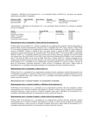 Atualmente, o BB Banco de Investimento S.A. e seu controlador, Banco do Brasil S.A., são partes nos seguintes
empréstimos concedidos à Companhia:
Linha de Crédito Valores R$ Mil Prazo (meses) Encargos Garantias
FAT Giro Setorial 5.000 24 TJLP +2,5% a.a. 110% duplicatas e aval da Inpasa
Desconto de NPR 933 04 8,75% a.a. Fiança da Inpasa
Adicionalmente, o BB Banco de Investimento S.A. e seu controlador, Banco do Brasil S.A., prestam os seguintes
serviços à Companhia:
Serviço Volume R$ Mil Quantidade Referência
Cobrança 6.890 11.817 títulos 06/2007
Pagamentos de Salários 621 632 favorecidos 05/2007
Câmbio – Contratação - - 05/2007
Outros Pagamentos 39 - 05/2007
Consultoria Comércio Exterior 6 - 05/2007
Relacionamento entre a Companhia e o Banco Safra de Investimento S.A.
O Banco Safra de Investimento S.A. e demais sociedades de seu conglomerado econômico além da participação na
presente Oferta, mantém relacionamentos comerciais com a Companhia deste 1991. Nesse contexto, o Banco Safra
S.A e/ou demais sociedades de seu conglomerado econômico realizam operações de crédito, tais como repasses de
recursos do BNDES, Compror e Capital de giro, que juntas somam, a quantia de R$45,7 milhões. Referidas
operações de crédito possuem prazos de vencimento entre 19 de julho de 2007 e 15 de maio de 2008, e remuneração
média de 10,30% a.a. A companhia também tem contrato junto ao Banco Safra S.A. operações de termo de moeda
sem entrega física (Non-Deliverable Foward-NDF), cujos valores base totalizam R$ 8,0 milhões, e com vencimentos
entre 17 de março de 2008 e 26 de março de 2008. Além disso, o Banco Safra S.A. e demais sociedades de seu
conglomerado econômico prestam serviços bancários, tais como sistema de pagamento a fornecedor. O Banco Safra
de Investimento S.A. e sociedades de seu conglomerado econômico poderão vir a prestar, no futuro, serviços de
banco de investimento, consultoria financeira e outros serviços à Companhia, pelos quais o Banco Safra de
Investimento S.A. e sociedades relacionadas pretendem ser remunerados em termos comerciais razoáveis.
Relacionamento entre a Companhia e o Banco Fator S.A.
O Banco Fator S.A. e sociedades de seu conglomerado econômico não têm, atualmente, nenhum relacionamento com
a Companhia, mas poderão vir a prestar, no futuro, serviços de banco de investimento, consultoria financeira e outros
serviços à Companhia, pelos quais o Banco Fator S.A. e sociedades relacionadas pretendem ser remunerados em
termos comerciais razoáveis.
Relacionamento entre o Acionista Vendedor e os Coordenadores Contratados
Relacionamento entre o Acionista Vendedor e o BB Banco de Investimento S.A.
O BB Banco de Investimento S.A. e sociedades de seu conglomerado econômico não têm, atualmente, nenhum
relacionamento com o Acionista Vendedor, mas poderão vir a prestar, no futuro, serviços de banco de investimento,
consultoria financeira e outros serviços ao Acionista Vendedor, pelos quais o BB Banco de Investimento S.A e
sociedades relacionadas pretendem ser remunerados em termos comerciais razoáveis.
Relacionamento entre o Acionista Vendedor e o Banco Safra de Investimento S.A.
O Banco Safra de Investimento S.A. e sociedades de seu conglomerado econômico não têm, atualmente, nenhum
relacionamento com o Acionista Vendedor, mas poderão vir a prestar, no futuro, serviços de banco de investimento,
consultoria financeira e outros serviços ao Acionista Vendedor, pelos quais o Banco Safra de Investimento S.A. e
sociedades relacionadas pretendem ser remunerados em termos comerciais razoáveis.
51
 