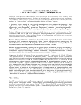 DISCUSSÃO E ANÁLISE DA ADMINISTRAÇÃO SOBRE
A SITUAÇÃO FINANCEIRA E OS RESULTADOS OPERACIONAIS
Esta seção contém discussões sobre estimativas futuras que envolvem riscos e incertezas. Nossos resultados Reais
podem diferir significativamente daqueles discutidos nas afirmações sobre estimativas futuras como resultado de
diversos fatores, incluindo aqueles informados nas seções “Considerações sobre Estimativas e Declarações acerca
do futuro” e “Fatores de Risco” e os assuntos informados de forma geral neste Prospecto.
A discussão a seguir é baseada em, e deve ser lida juntamente com, nossas demonstrações financeiras e notas
explicativas incluídas a partir da página 273 deste Prospecto, bem como as seções “Apresentação das Informações
Financeiras e Outras Informações”, “Resumo das Demonstrações Financeiras e Informações Operacionais”,
“Informações Financeiras Selecionadas” e outras informações financeiras apresentadas ao longo deste Prospecto.
Os dados de balanço patrimonial e demonstrações do resultado relativos aos exercícios sociais encerrados em 31 de
dezembro de 2004, 2005 e 2006, foram extraídos das demonstrações financeiras consolidadas da Companhia,
elaboradas de acordo com as Práticas Contábeis Adotadas no Brasil e auditadas pela Deloitte, cujos pareceres de
autoria encontram-se anexos ao presente Prospecto.
Os dados de balanço patrimonial e demonstrações do resultado relativos ao período de três meses encerrado em 31
de março de 2006, preparados de acordo com as Práticas Contábeis Adotadas no Brasil, foram extraídos das
informações trimestrais consolidadas da Companhia, não auditadas e sujeitas à revisão especial pela Deloitte, de
acordo com o relatório de revisão especial e encontram-se anexos ao presente Prospecto.
Os dados de balanço patrimonial e demonstrações do resultado relativos ao período de três meses encerrado em 31
de março de 2007 foram preparados de acordo com as Práticas Contábeis Adotadas no Brasil e foram extraídos das
demonstrações financeiras consolidadas da Companhia, não auditadas e sujeitas à revisão especial pela KPMG, de
acordo com o relatório de revisão especial e encontram-se anexos ao presente Prospecto.
Os pareceres de auditoria da Deloitte referentes aos exercícios sociais de 31 de dezembro de 2006, de 2005, e de
2004 apresentam ressalva no montante de R$25,0 milhões, relativa à rubrica de imposto de renda e contribuição
social diferido e seus respectivos efeitos no resultado daqueles exercícios. Adicionalmente, os pareceres de auditoria
referentes aos exercícios sociais de 31 de dezembro de 2005 e 2004 apresentam ressalva no montante de R$35,0
milhões quanto a créditos tributários utilizados para compensação de débitos tributários e registrados no ativo
circulante da Companhia, e respectivos efeitos no resultado daqueles exercícios. O parecer de 31 de dezembro de
2004, ainda, apresenta uma ressalva no montante de R$2,7 milhões, referente ao ativo diferido sobre perda cambial
líquida. O relatório de revisão especial referente ao período de três meses encerrado em 31 de março de 2006
apresenta ressalva no montante de R$25,0 milhões, relativa à rubrica de imposto de renda e contribuição social
diferido e seus respectivos efeitos no ativo realizável a longo prazo e patrimônio. O relatório de revisão especial da
KPMG contém parágrafos de ênfase conforme detalhado na seção “Apresentação das Informações Financeiras e
Outras Informações”. Para informações complementares sobre as ressalvas e parágrafos de ênfase ver a seção
“Apresentação das Informações Financeiras e Outras Informações”.
VISÃO GERAL
Com 127 anos de história, somos uma das maiores empresas de varejo e design de vestuário do Brasil, em termos de
receitas líquidas consolidadas, segundo a Pesquisa Target. Nós atuamos no varejo e criamos e desenvolvemos
coleções de vestuário sob três marcas próprias: “Hering”, “PUC” e “dzarm.”. Em 31 de março de 2007, contávamos
com uma rede de 151 Lojas Hering Store e 39 Lojas PUC, distribuídas nas principais praças brasileiras, e 17 Lojas
Hering Store e 4 Lojas PUC no exterior.
80
 