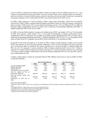 O ano de 2005 foi marcado pelo esforço do Banco Central em atingir a meta de inflação anual de 5,1%, o que
resultou na manutenção da taxa de juros SELIC em níveis elevados. Porém, com o desaquecimento da economia, a
partir de novembro, o Governo Federal começou a reduzir a taxa básica de juros de modo a incentivar a retomada do
crescimento econômico. Em 31 de dezembro de 2005, a taxa básica de juros era de 18,0% ao ano.
Em 2005, o Real valorizou-se 11,8% em relação ao Dólar. Apesar dessa valorização, o Brasil teve um superávit
comercial de US$44,7 bilhões, conforme dados divulgados pelo Banco Central, seu mais alto superávit comercial de
todos os tempos. O PIB cresceu 2,9% e a taxa média de desemprego caiu de 11,5% em 2004 para 9,8% em 2005 nas
principais regiões metropolitanas do País, de acordo com as estatísticas de desemprego publicadas pelo IBGE. A
inflação medida pelo IPCA foi de 5,9% em 2005.
Em 2006, o Governo Federal manteve o processo de redução da taxa SELIC, que atingiu 13,2% em 31 de dezembro
de 2006. Nesse período, o PIB cresceu 3,7% e a taxa média de desemprego se manteve praticamente estável,
aumentando de 9,8% em 2005 para 10% em 2006 nas principais regiões metropolitanas do País, de acordo com as
estatísticas de desemprego publicadas pelo IBGE. A inflação medida pelo IPCA foi de 3,1% e a valorização do Real
frente ao Dólar foi de 8,7%, atingindo a taxa de R$2,138 por US$1,00 em 31 de dezembro de 2006.
No período de três meses encerrado em 31 de março de 2007, o Banco Central continuou a reduzir a taxa de juros
SELIC, que alcançou 12,7% no fim desse período, comparado a 16,5% no fim do período de três meses encerrado
em 31 de março de 2006. No período de três meses encerrados em 31 de março de 2007, a inflação medida pelo
IPCA foi de 1,3%, enquanto no mesmo período de 2006 a inflação medida pelo IPCA foi de 1,4%. O Real se
valorizou 4,1% frente ao Dólar, enquanto no período encerrado em 31 de março de 2006, o Real havia se valorizado
7,2% frente ao Dólar. O Banco Central adotou uma meta de inflação medida pelo IPCA de 4,5% para 2007, sujeita a
uma variação padrão de 2,0%.
A tabela a seguir fornece os dados do crescimento Real do PIB, inflação, taxas de juros e taxa de câmbio do Dólar
nos períodos indicados.
Em 31 de dezembro de Em 31 de março de
2004 2005 2006 2006 2007
Crescimento Real do PIB(1)
5,7% 2,9% 3,7% 1,3% 0,8%
Inflação (IGP-M)(2)
12,4% 1,2% 3,8% 0,7% 1,1%
Inflação (IPCA)(3)
7,5% 5,9% 3,1% 1,4% 1,3%
Taxa SELIC no fim do período(4)
17,8% 18,0% 13,2% 16,5% 12,7%
Taxa de câmbio no fim do
período (por US$1,00) R$2,654 R$2,341 R$2,138 R$2,172 R$2,050
Taxa de câmbio média (por
US$1,00)(5)
R$2,925 R$2,434 R$2,177 R$2,197 R$2,108
Valorização do Real face ao
Dólar
________________________
8,1% 11,8% 8,7% 7,2% 4,1%
Fontes: FGV, BACEN e IBGE
(1)
Crescimento Real do PIB de acordo com as alterações na metodologia de cálculo das riquezas nacionais divulgadas pelo IBGE em março de
2007.
(2)
A Inflação (IGP-M) é o índice geral de preço do mercado medido pela FGV.
(3)
A Inflação (IPCA) é um índice de preços ao consumidor medido pelo IBGE.
(4)
Representa a meta da taxa SELIC estabelecida pelo BACEN.
(5)
Média das taxas de câmbio de cada dia de negociação.
85
 