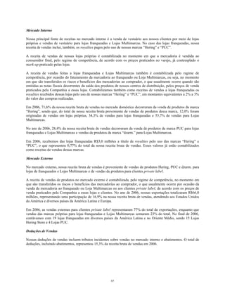 Mercado Interno
Nossa principal fonte de receitas no mercado interno é a venda de vestuário aos nossos clientes por meio de lojas
próprias e vendas de vestuário para lojas franqueadas e Lojas Multimarcas. No caso das lojas franqueadas, nossa
receita de vendas inclui, também, os royalties pagos pelo uso de nossas marcas “Hering” e “PUC”.
A receita de vendas de nossas lojas próprias é contabilizada no momento em que a mercadoria é vendida ao
consumidor final, pelo regime de competência, de acordo com os preços praticados no varejo, já contemplado o
mark-up praticado pelas lojas.
A receita de vendas feitas a lojas franqueadas e Lojas Multimarcas também é contabilizada pelo regime de
competência, por ocasião do faturamento da mercadoria ao franqueado ou Loja Multimarcas, ou seja, no momento
em que são transferidos os riscos e benefícios das mercadorias ao comprador, o que usualmente ocorre quando são
emitidas as notas fiscais decorrentes da saída dos produtos de nossos centros de distribuição, pelos preços de venda
praticados pela Companhia a essas lojas. Contabilizamos também como receitas de vendas a lojas franqueadas os
royalties recebidos dessas lojas pelo uso de nossas marcas “Hering” e “PUC”, em montantes equivalentes a 2% a 3%
do valor das compras realizadas.
Em 2006, 71,6% da nossa receita bruta de vendas no mercado doméstico decorreram da venda de produtos da marca
“Hering”, sendo que, do total de nossa receita bruta proveniente de vendas de produtos dessa marca, 12,0% foram
originadas de vendas em lojas próprias, 34,3% de vendas para lojas franqueadas e 53,7% de vendas para Lojas
Multimarcas.
No ano de 2006, 28,4% da nossa receita bruta de vendas decorreram da venda de produtos da marca PUC para lojas
franqueadas e Lojas Multimarcas e vendas de produtos da marca “dzarm.” para Lojas Multimarcas.
Em 2006, recebemos das lojas franqueadas R$3,0 milhões a título de royalties pelo uso das marcas “Hering” e
“PUC”, o que representou 0,77% do total da nossa receita bruta de vendas. Esses valores já estão contabilizados
como receitas de vendas dessas marcas.
Mercado Externo
No mercado externo, nossa receita bruta de vendas é proveniente de vendas de produtos Hering, PUC e dzarm. para
lojas de franqueados e Lojas Multimarcas e de vendas de produtos para clientes private label.
A receita de vendas de produtos no mercado externo é contabilizada, pelo regime de competência, no momento em
que são transferidos os riscos e benefícios das mercadorias ao comprador, o que usualmente ocorre por ocasião da
venda da mercadoria ao franqueado ou Loja Multimarcas ou aos clientes private label, de acordo com os preços de
venda praticados pela Companhia a essas lojas e clientes. No ano de 2006, nossas exportações totalizaram R$66,0
milhões, representando uma participação de 16,9% na nossa receita bruta de vendas, atendendo aos Estados Unidos
da América e diversos países da América Latina e Europa.
Em 2006, as vendas externas para clientes private label representaram 77% do total de exportações, enquanto que
vendas das marcas próprias para lojas franqueadas e Lojas Multimarcas somaram 23% do total. No final de 2006,
contávamos com 19 lojas franqueadas em diversos países da América Latina e no Oriente Médio, sendo 15 Lojas
Hering Store e 4 Lojas PUC.
Deduções de Vendas
Nossas deduções de vendas incluem tributos incidentes sobre vendas no mercado interno e abatimentos. O total de
deduções, incluindo abatimentos, representou 15,3% da receita bruta de vendas em 2006.
87
 