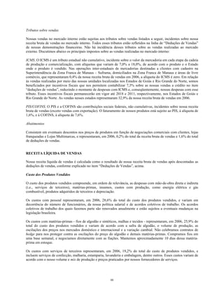 Tributos sobre vendas
Nossas vendas no mercado interno estão sujeitas aos tributos sobre vendas listados a seguir, incidentes sobre nossa
receita bruta de vendas no mercado interno. Todos esses tributos estão refletidos na linha de “Deduções de Vendas”
de nossas demonstrações financeiras. Não há incidência desses tributos sobre as vendas realizadas ao mercado
externo. Discutimos abaixo os principais impostos sobre as vendas realizadas no mercado interno:
ICMS. O ICMS é um tributo estadual não cumulativo, incidente sobre o valor da mercadoria em cada etapa da cadeia
de produção e comercialização, com alíquotas que variam de 7,0% a 18,0%, de acordo com o produto e o Estado
onde o produto é vendido. Nas operações inter-estaduais de mercadorias destinadas a clientes com cadastro na
Superintendência da Zona Franca de Manaus – Suframa, domiciliados na Zona Franca de Manaus e áreas de livre
comércio, que representaram 0,4% da nossa receita bruta de vendas em 2006, a alíquota do ICMS é zero. Em relação
às vendas realizadas por meio das nossas unidades localizadas nos Estados de Goiás e Rio Grande do Norte, somos
beneficiados por incentivos fiscais que nos permitem contabilizar 7,3% sobre as nossas vendas a crédito no item
“deduções de vendas”, reduzindo o montante de despesas com ICMS e, conseqüentemente, nossas despesas com esse
tributo. Esses incentivos fiscais permanecerão em vigor até 2018 e 2011, respectivamente, nos Estados de Goiás e
Rio Grande do Norte. As vendas nesses estados representaram 32,9% da nossa receita bruta de vendas em 2006.
PIS/COFINS. O PIS e a COFINS são contribuições sociais federais, não cumulativas, incidentes sobre nossa receita
bruta de vendas (exceto vendas com exportação). O faturamento de nossos produtos está sujeito ao PIS, à alíquota de
1,6%, e à COFINS, à alíquota de 7,6%.
Abatimentos
Consistem em eventuais descontos nos preços de produtos em função de negociações comerciais com clientes, lojas
franqueadas e Lojas Multimarcas, e representaram, em 2006, 0,2% do total da receita bruta de vendas e 1,6% do total
de deduções de vendas.
RECEITA LÍQUIDA DE VENDAS
Nossa receita líquida de vendas é calculada como o resultado de nossa receita bruta de vendas após descontadas as
deduções de vendas, conforme explicado no item “Deduções de Vendas”, acima.
Custo dos Produtos Vendidos
O custo dos produtos vendidos compreende, em ordem de relevância, as despesas com mão-de-obra direta e indireta
(i.e., serviços de terceiros), matérias-primas, insumos, custos com produção, como energia elétrica e gás
combustível, produtos adquiridos de terceiros e depreciação.
Os custos com pessoal representaram, em 2006, 28,6% do total do custo dos produtos vendidos, e variam em
decorrência do número de funcionários, da nossa política salarial e de acordos coletivos de trabalho. Os acordos
coletivos de trabalho dos quais fazemos parte são renovados anualmente e estão sujeitos a eventuais mudanças na
legislação brasileira.
Os custos com matérias-primas - fios de algodão e sintéticos, malhas e tecidos - representaram, em 2006, 25,9% do
total do custo dos produtos vendidos e variam de acordo com a safra de algodão, o volume de produção, as
oscilações dos preços nos mercados doméstico e internacional e a variação cambial. Não celebramos contratos de
hedge para nos proteger contra as oscilações do preço do algodão e demais matérias-primas. Compramos fios em
uma base semanal, e negociamos diretamente com as fiações. Mantemos aproximadamente 10 dias dessa matéria-
prima em estoque.
Os custos com serviços de terceiros representaram, em 2006, 19,2% do total do custo de produtos vendidos, e
incluem serviços de confecção, malharia, estamparia, lavanderia e embalagem, dentre outros. Esses custos variam de
acordo com o nosso volume e mix de produção e preços praticados por nossos fornecedores de serviços.
88
 