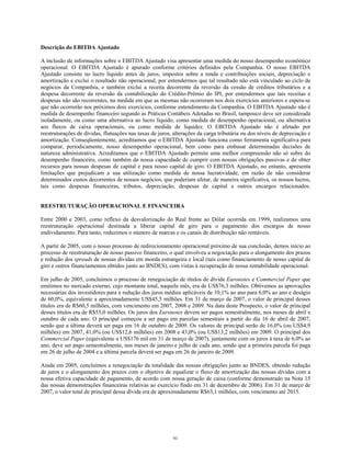 Descrição do EBITDA Ajustado
A inclusão de informações sobre o EBITDA Ajustado visa apresentar uma medida do nosso desempenho econômico
operacional. O EBITDA Ajustado é apurado conforme critérios definidos pela Companhia. O nosso EBITDA
Ajustado consiste no lucro líquido antes de juros, impostos sobre a renda e contribuições sociais, depreciação e
amortização e exclui o resultado não operacional, por entendermos que tal resultado não está vinculado ao ciclo de
negócios da Companhia, e também exclui a receita decorrente da reversão da cessão de créditos tributários e a
despesa decorrente da reversão da contabilização do Crédito-Prêmio do IPI, por entendermos que tais receitas e
despesas não são recorrentes, na medida em que as mesmas não ocorreram nos dois exercícios anteriores e espera-se
que não ocorrerão nos próximos dois exercícios, conforme entendimento da Companhia. O EBITDA Ajustado não é
medida de desempenho financeiro segundo as Práticas Contábeis Adotadas no Brasil, tampouco deve ser considerada
isoladamente, ou como uma alternativa ao lucro líquido, como medida de desempenho operacional, ou alternativa
aos fluxos de caixa operacionais, ou como medida de liquidez. O EBITDA Ajustado não é afetado por
reestruturações de dívidas, flutuações nas taxas de juros, alterações da carga tributária ou dos níveis de depreciação e
amortização. Conseqüentemente, acreditamos que o EBITDA Ajustado funciona como ferramenta significativa para
comparar, periodicamente, nosso desempenho operacional, bem como para embasar determinadas decisões de
natureza administrativa. Acreditamos que o EBITDA Ajustado permite uma melhor compreensão não só sobre do
desempenho financeiro, como também da nossa capacidade de cumprir com nossas obrigações passivas e de obter
recursos para nossas despesas de capital e para nosso capital de giro. O EBITDA Ajustado, no entanto, apresenta
limitações que prejudicam a sua utilização como medida de nossa lucratividade, em razão de não considerar
determinados custos decorrentes de nossos negócios, que poderiam afetar, de maneira significativa, os nossos lucros,
tais como despesas financeiras, tributos, depreciação, despesas de capital e outros encargos relacionados.
REESTRUTURAÇÃO OPERACIONAL E FINANCEIRA
Entre 2000 e 2003, como reflexo da desvalorização do Real frente ao Dólar ocorrida em 1999, realizamos uma
reestruturação operacional destinada a liberar capital de giro para o pagamento dos encargos de nosso
endividamento. Para tanto, reduzimos o número de marcas e os canais de distribuição não rentáveis.
A partir de 2005, com o nosso processo de redirecionamento operacional próximo de sua conclusão, demos início ao
processo de reestruturação de nosso passivo financeiro, o qual envolveu a negociação para o alongamento dos prazos
e redução dos spreads de nossas dívidas em moeda estrangeira e local (tais como financiamento de nosso capital de
giro e outros financiamentos obtidos junto ao BNDES), com vistas à recuperação de nossa rentabilidade operacional.
Em julho de 2005, concluímos o processo de renegociação de títulos de dívida Euronotes e Commercial Paper que
emitimos no mercado externo, cujo montante total, naquele mês, era de US$76,3 milhões. Obtivemos as aprovações
necessárias dos investidores para a redução dos juros médios aplicáveis de 10,1% ao ano para 6,0% ao ano e deságio
de 60,0%, equivalente a aproximadamente US$45,5 milhões. Em 31 de março de 2007, o valor de principal desses
títulos era de R$60,5 milhões, com vencimento em 2007, 2008 e 2009. Na data deste Prospecto, o valor de principal
desses títulos era de R$55,0 milhões. Os juros dos Euronotes devem ser pagos semestralmente, nos meses de abril e
outubro de cada ano. O principal começou a ser pago em parcelas semestrais a partir do dia 16 de abril de 2007,
sendo que a última deverá ser paga em 16 de outubro de 2009. Os valores de principal serão de 16,0% (ou US$4,9
milhões) em 2007, 41,0% (ou US$12,6 milhões) em 2008 e 43,0% (ou US$13,2 milhões) em 2009. O principal dos
Commercial Paper (equivalente a US$176 mil em 31 de março de 2007), juntamente com os juros à taxa de 6,0% ao
ano, deve ser pago semestralmente, nos meses de janeiro e julho de cada ano, sendo que a primeira parcela foi paga
em 26 de julho de 2004 e a última parcela deverá ser paga em 26 de janeiro de 2009.
Ainda em 2005, concluímos a renegociação da totalidade das nossas obrigações junto ao BNDES, obtendo redução
de juros e o alongamento dos prazos com o objetivo de equalizar o fluxo de amortização das nossas dívidas com a
nossa efetiva capacidade de pagamento, de acordo com nossa geração de caixa (conforme demonstrado na Nota 15
das nossas demonstrações financeiras relativas ao exercício findo em 31 de dezembro de 2006). Em 31 de março de
2007, o valor total de principal dessa dívida era de aproximadamente R$63,1 milhões, com vencimento até 2015.
91
 