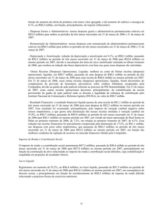 função do aumento da oferta de produtos com maior valor agregado, e (d) aumento de salários e encargos de
8,1%, ou R$0,2 milhão, em função, principalmente, de reajuste inflacionário.
- Despesas Gerais e Administrativas: nossas despesas gerais e administrativas permaneceram estáveis em
R$3,9 milhões para ambos os períodos de três meses encerrados em 31 de março de 2006 e 31 de março de
2007.
- Remuneração de Administradores: nossas despesas com remuneração de administradores permaneceram
estáveis em R$0,5 milhão para ambos os períodos de três meses encerrados em 31 de março de 2006 e 31 de
março de 2007.
- Depreciação e Amortização: redução da depreciação e amortização em 9,1%, ou R$0,2 milhão, passando
de R$2,2 milhões no período de três meses encerrado em 31 de março de 2006 para R$2,0 milhões no
mesmo período em 2007, devido à reavaliação dos bens do ativo imobilizado realizada no último trimestre
de 2006, que resultou na redução das bases depreciáveis com base nas quais essas despesas são calculadas.
- Outras Receitas (Despesas) Operacionais, Líquidas: melhora na conta de Outras receitas (despesas)
operacionais, líquidas, em R$0,7 milhão, passando de uma despesa de R$0,1 milhão no período de três
meses encerrados em 31 de março de 2006 para uma receita de R$0,6 milhão no mesmo período em 2007.
Em 31 de março de 2006, essas outras receitas (despesas) operacionais, líquidas, foram decorrentes do
complemento da provisão de honorários advocatícios sobre créditos tributários recuperados pela
Companhia, devido ao ganho de ação judicial referente ao processo do PIS Semestralidade. Em 31 de março
de 2007, essas outras receitas operacionais decorrem, principalmente, da contabilização da receita
proveniente do ganho de ação judicial onde se discutia a legalidade de cobrança de contribuição pelo
Instituto Nacional de Colonização e Reforma Agrária (INCRA), no valor de R$0,7 milhão.
- Resultado Financeiro: o resultado financeiro líquido passou de uma receita de R$1,1 milhão no período de
três meses encerrado em 31 de março de 2006 para uma despesa de R$2,2 milhões no mesmo período em
2007. Esse resultado foi ocasionado, principalmente, pelo impacto da variação cambial negativa sobre
nossos empréstimos, o que gerou uma diminuição das nossas receitas atreladas à variação cambial em
47,9%, ou R$4,7 milhões, passando de R$9,8 milhões no período de três meses encerrado em 31 de março
de 2006 para R$5,1 milhões no mesmo período em 2007, em virtude da maior apreciação do Real frente ao
Dólar no primeiro trimestre de 2006, de 7,2%, em relação ao primeiro trimestre de 2007, de 4,1%. Essa
redução nas receitas financeiras foi parcialmente compensada pela diminuição de 17,2%, ou R$1,1 milhão,
nas despesas com juros sobre empréstimos, que passaram de R$6,5 milhões no período de três meses
encerrado em 31 de março de 2006 para R$5,4 milhões no mesmo período em 2007, em função das
melhores condições de captação de recursos no mercado financeiro obtidas pela Companhia.
Imposto de Renda e Contribuição Social
O imposto de renda e a contribuição social aumentaram R$7,5 milhões, passando de R$0,4 milhão no período de três
meses encerrado em 31 de março de 2006 para R$7,9 milhões no mesmo período em 2007, principalmente em
função da constituição de ativo relacionado ao imposto de renda e contribuição social diferidos, cuja contabilização é
respaldada em projeções de resultados futuros.
Lucro Líquido
Registramos um aumento de 93,2%, ou R$6,8 milhões, no lucro líquido, passando de R$7,3 milhões no período de
três meses encerrado em 31 de março de 2006 para R$14,1 milhões no mesmo período em 2007, em conseqüência do
descrito acima, e principalmente em função do reconhecimento de R$8,5 milhões de imposto de renda diferido
relacionado a prejuízos fiscais de exercícios anteriores.
95
 