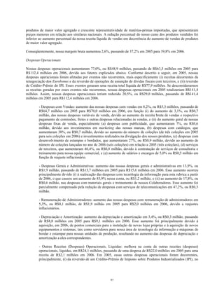 produtos de maior valor agregado e crescente representatividade de matérias-primas importadas, que apresentaram
preços menores em relação aos similares nacionais. A redução percentual do nosso custo dos produtos vendidos foi
inferior ao aumento percentual da nossa receita líquida de vendas em decorrência do aumento de vendas de produtos
de maior valor agregado.
Conseqüentemente, nossa margem bruta aumentou 2,6%, passando de 37,2% em 2005 para 39,8% em 2006.
Despesas Operacionais
Nossas despesas operacionais aumentaram 77,0%, ou R$48,9 milhões, passando de R$63,5 milhões em 2005 para
R$112,4 milhões em 2006, devido aos fatores explicados abaixo. Conforme descrito a seguir, em 2005, nossas
despesas operacionais foram afetadas por eventos não recorrentes, mais especificamente (i) receitas decorrentes da
renegociação dos Eurobonus e da reversão de operações de assunção de dívidas fiscais com terceiros, e (ii) reversão
de Crédito-Prêmio do IPI. Esses eventos geraram uma receita total líquida de R$77,9 milhões. Se desconsiderarmos
as receitas geradas por esses eventos não recorrentes, nossas despesas operacionais em 2005 totalizariam R$141,4
milhões. Assim, nossas despesas operacionais teriam reduzido 20,5%, ou R$29,0 milhões, passando de R$141,4
milhões em 2005 para R$112,4 milhões em 2006.
- Despesas com Vendas: aumento das nossas despesas com vendas em 8,2%, ou R$5,3 milhões, passando de
R$64,7 milhões em 2005 para R$70,0 milhões em 2006, em função (i) do aumento de 3,1%, ou R$0,7
milhão, das nossas despesas variáveis de venda, devido ao aumento da receita bruta de vendas e respectivo
pagamento de comissões, fretes e outras despesas relacionadas às vendas, e (ii) do aumento geral de nossas
despesas fixas de venda, especialmente (a) despesas com publicidade, que aumentaram 7%, ou R$0,6
milhão, devido aos investimentos em marketing das nossas marcas, (b) despesas com catálogos, que
aumentaram 38%, ou R$0,7 milhão, devido ao aumento do número de coleções (de três coleções em 2005
para seis coleções em 2006) e investimentos realizados na divulgação dos nossos produtos, (c) despesas com
desenvolvimento de estampas e bordados, que aumentaram 27%, ou R$0,9 milhão, devido ao aumento de
número de coleções lançadas no ano de 2006 (seis coleções) em relação a 2005 (três coleções), (d) serviços
de terceiros, que aumentaram 46,4%, ou R$0,8 milhão, devido à contratação de serviços de consultoria e
treinamento para nossa equipe comercial, e (e) aumento de salários e encargos de 5,0% ou R$0,5 milhão em
função de reajuste inflacionário.
- Despesas Gerais e Administrativas: aumento das nossas despesas gerais e administrativas em 13,9%, ou
R$1,9 milhão, passando de R$13,7 milhões em 2005 para R$15,6 milhões em 2006. Esse aumento ocorreu
principalmente devido (i) à realocação das despesas com tecnologia da informação para esta rubrica a partir
de 2006, o que causou um aumento de 83,9% nessa conta, ou R$1,2 milhão, e (ii) ao aumento de 17,8%, ou
R$0,6 milhão, nas despesas com materiais gerais e treinamento de nossos Colaboradores. Esse aumento foi
parcialmente compensado pela redução de despesas com serviços de telecomunicações em 47,2%, ou R$0,3
milhão.
- Remuneração de Administradores: aumento das nossas despesas com remuneração de administradores em
5,3%, ou R$0,1 milhão, de R$1,9 milhão em 2005 para R$2,0 milhões em 2006, devido a reajustes
inflacionários.
- Depreciação e Amortização: aumento da depreciação e amortização em 3,4%, ou R$0,3 milhão, passando
de R$8,8 milhões em 2005 para R$9,1 milhões em 2006. Esse aumento foi principalmente devido à
aquisição, em 2006, de pontos comerciais para a instalação de novas lojas próprias e à aquisição de novos
equipamentos e sistemas, tais como servidores para nossa área de tecnologia da informação e máquinas de
bordar e estampar para nossas unidades de produção, resultando no aumento das despesas de depreciação e
amortização a eles correspondentes.
- Outras Receitas (Despesas) Operacionais, Líquidas: melhora na conta de outras receitas (despesas)
operacionais, líquidas, em R$24,1 milhões, passando de uma despesa de R$22,0 milhões em 2005 para uma
receita de R$2,1 milhões em 2006. Em 2005, essas outras despesas operacionais foram decorrentes,
principalmente, (i) da reversão de um Crédito-Prêmio de Imposto sobre Produtos Industrializados (IPI), no
97
 