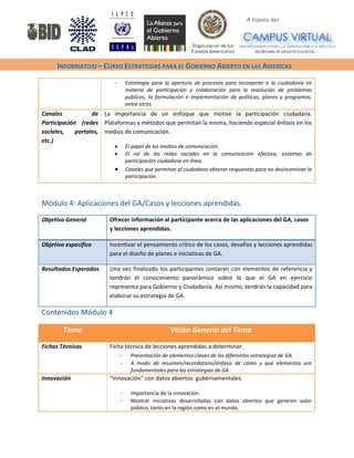 A través del 
INFORMATIVO – CURSO ESTRATEGIAS PARA EL GOBIERNO ABIERTO EN LAS AMERICAS 
- Estrategia para la apertura de procesos para incorporar a la ciudadanía en materia de participación y colaboración para la resolución de problemas públicos, la formulación e implementación de políticas, planes y programas, entre otros. 
Canales de Participación (redes sociales, portales, etc.) 
La importancia de un enfoque que motive la participación ciudadana. Plataformas y métodos que permitan la misma, haciendo especial énfasis en los medios de comunicación. 
• El papel de los medios de comunicación. 
• El rol de las redes sociales en la comunicación efectiva, sistemas de participación ciudadana en línea. 
• Canales que permitan al ciudadano obtener respuestas para no desincentivar la participación. 
Módulo 4: Aplicaciones del GA/Casos y lecciones aprendidas. 
Objetivo General 
Ofrecer información al participante acerca de las aplicaciones del GA, casos y lecciones aprendidas. 
Objetivo específico 
Incentivar el pensamiento crítico de los casos, desafíos y lecciones aprendidas para el diseño de planes e iniciativas de GA. 
Resultados Esperados 
Una vez finalizado los participantes contarán con elementos de referencia y tendrán el conocimiento panorámico sobre lo que el GA en ejercicio representa para Gobierno y Ciudadanía. Así mismo, tendrán la capacidad para elaborar su estrategia de GA. 
Contenidos Módulo 4 
Tema 
Visión General del Tema 
Fichas Técnicas 
Ficha técnica de lecciones aprendidas a determinar. 
- Presentación de elementos claves de los diferentes estrategias de GA. 
- A modo de resumen/recordatorio/énfasis de cómo y qué elementos son fundamentales para las estrategias de GA 
Innovación 
“innovación” con datos abiertos gubernamentales. 
- Importancia de la innovación. 
- Mostrar iniciativas desarrolladas con datos abiertos que generen valor público, tanto en la región como en el mundo.  