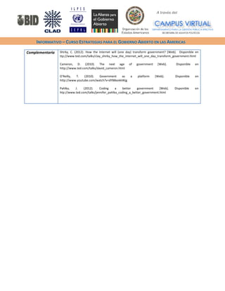 A través del 
INFORMATIVO – CURSO ESTRATEGIAS PARA EL GOBIERNO ABIERTO EN LAS AMERICAS 
Complementaria 
Shirky, C. (2012). How the Internet will (one day) transform government? [Web]. Disponible en ttp://www.ted.com/talks/clay_shirky_how_the_internet_will_one_day_transform_government.html 
Cameron, D. (2010). The next age of government [Web]. Disponible en http://www.ted.com/talks/david_cameron.html 
O'Reilly, T. (2010). Government as a platform [Web]. Disponible en http://www.youtube.com/watch?v=dYB8xokkWjg 
Pahlka, J. (2012). Coding a better government [Web]. Disponible en htp://www.ted.com/talks/jennifer_pahlka_coding_a_better_government.html 
