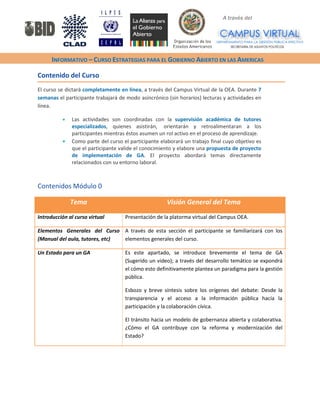 A través del 
INFORMATIVO – CURSO ESTRATEGIAS PARA EL GOBIERNO ABIERTO EN LAS AMERICAS 
Contenido del Curso 
El curso se dictará completamente en línea, a través del Campus Virtual de la OEA. Durante 7 semanas el participante trabajará de modo asincrónico (sin horarios) lecturas y actividades en línea. 
• Las actividades son coordinadas con la supervisión académica de tutores especializados, quienes asistirán, orientarán y retroalimentaran a los participantes mientras éstos asumen un rol activo en el proceso de aprendizaje. 
• Como parte del curso el participante elaborará un trabajo final cuyo objetivo es que el participante valide el conocimiento y elabore una propuesta de proyecto de implementación de GA. El proyecto abordará temas directamente relacionados con su entorno laboral. 
Contenidos Módulo 0 
Tema 
Visión General del Tema 
Introducción al curso virtual 
Presentación de la platorma virtual del Campus OEA. 
Elementos Generales del Curso (Manual del aula, tutores, etc) 
A través de esta sección el participante se familiarizará con los elementos generales del curso. 
Un Estado para un GA 
Es este apartado, se introduce brevemente el tema de GA (Sugerido un video); a través del desarrollo temático se expondrá el cómo esto definitivamente plantea un paradigma para la gestión pública. 
Esbozo y breve síntesis sobre los orígenes del debate: Desde la transparencia y el acceso a la información pública hacía la participación y la colaboración cívica. 
El tránsito hacia un modelo de gobernanza abierta y colaborativa. ¿Cómo el GA contribuye con la reforma y modernización del Estado? 
 