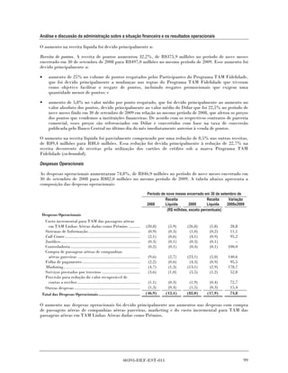 Análise e discussão da administração sobre a situação financeira e os resultados operacionais

O aumento na receita líquida foi devido principalmente a:

Receita de pontos. A receita de pontos aumentou 32,2%, de R$375,9 milhões no período de nove meses
encerrado em 30 de setembro de 2008 para R$497,0 milhões no mesmo período de 2009. Esse aumento foi
devido principalmente a:

•     aumento de 25% no volume de pontos resgatados pelos Participantes do Programa TAM Fidelidade,
      que foi devido principalmente a mudanças nas regras do Programa TAM Fidelidade que tiveram
      como objetivo facilitar o resgate de pontos, incluindo resgates promocionais que exigem uma
      quantidade menor de pontos; e

•     aumento de 5,8% no valor médio por ponto resgatado, que foi devido principalmente ao aumento no
      valor absoluto dos pontos, devido principalmente ao valor médio do Dólar que foi 22,5% no período de
      nove meses findo em 30 de setembro de 2009 em relação ao mesmo período de 2008, que afetou os preços
      dos pontos que vendemos a instituições financeiras. De acordo com os respectivos contratos de parceria
      comercial, esses preços são referenciados em Dólar e convertidos com base na taxa de conversão
      publicada pelo Banco Central no último dia do mês imediatamente anterior à venda de pontos.

O aumento na receita líquida foi parcialmente compensado por uma redução de 8,5% nas outras receitas,
de R$9,4 milhões para R$8,6 milhões. Essa redução foi devida principalmente à redução de 22,7% na
receita decorrente de receitas pela utilização dos cartões de crédito sob a marca Programa TAM
Fidelidade (co-branded).

Despesas Operacionais

As despesas operacionais aumentaram 74,8%, de R$46,9 milhões no período de nove meses encerrado em
30 de setembro de 2008 para R$82,0 milhões no mesmo período de 2009. A tabela abaixo apresenta a
composição das despesas operacionais:

                                                                                  Período de nove meses encerrado em 30 de setembro de
                                                                                            Receita                 Receita     Variação
                                                                                  2008      Líquida       2009      Líquida    2008x2009
                                                                                             (R$ milhões, exceto percentuais)
 Despesas Operacionais
  Custo incremental para TAM das passagens aéreas
    em TAM Linhas Aéreas dadas como Prêmios ..........                            (20,8)     (5,9)      (26,8)      (5,8)       28,8
  Sistemas de Informação.............................................              (0,9)     (0,3)       (1,0)      (0,2)       11,1
  Call Center .................................................................    (2,1)     (0,6)       (4,1)      (0,9)       95,2
  Jurídico.....................................................................    (0,3)     (0,1)       (0,3)      (0,1)          –
  Controladoria ............................................................       (0,2)     (0,1)       (0,4)      (0,1)      100,0
  Compra de passagens aéreas de companhias
    aéreas parceiras ......................................................        (9,6)     (2,7)      (23,1)      (5,0)      140,6
  Folha de pagamento ..................................................            (2,2)     (0,6)       (4,3)      (0,9)       95,5
  Marketing........................................................                (4,7)     (1,3)      (13,1)      (2,9)      178,7
  Serviços prestados por terceiros .................................               (3,6)     (1,0)       (5,5)      (1,2)       52,8
  Provisão para redução do valor recuperável de
    contas a receber ......................................................        (1,1)     (0,3)       (1,9)      (0,4)       72,7
  Outras despesas .........................................................        (1,3)     (0,4)       (1,5)      (0,3)       15,4
 Total das Despesas Operacionais ....................................             (46,9)    (13,4)      (82,0)     (17,9)       74,8

O aumento nas despesas operacionais foi devido principalmente aos aumentos nas despesas com compra
de passagens aéreas de companhias aéreas parceiras, marketing e do custo incremental para TAM das
passagens aéreas em TAM Linhas Aéreas dadas como Prêmios.




                                                                 00393-DEF-EST-011                                                     99
 