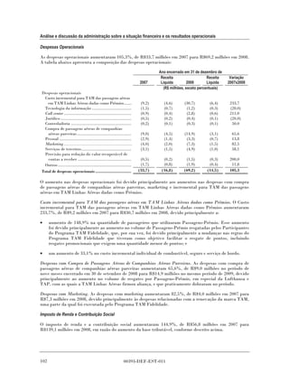 Análise e discussão da administração sobre a situação financeira e os resultados operacionais

Despesas Operacionais

As despesas operacionais aumentaram 105,3%, de R$33,7 milhões em 2007 para R$69,2 milhões em 2008.
A tabela abaixo apresenta a composição das despesas operacionais:

                                                                                   Ano encerrado em 31 de dezembro de
                                                                                    Receita                   Receita    Variação
                                                                          2007      Líquida        2008       Líquida   2007x2008
                                                                                     (R$ milhões, exceto percentuais)
Despesas operacionais
 Custo incremental para TAM das passagens aéreas
   em TAM Linhas Aéreas dadas como Prêmios.......                          (9,2)     (4,6)      (30,7)        (6,4)      233,7
 Tecnologia da informação ..................................               (1,5)     (0,7)       (1,2)        (0,3)      (20,0)
 Call center ..........................................................    (0,9)     (0,4)       (2,8)        (0,6)      211,0
 Jurídico .............................................................    (0,5)     (0,2)       (0,4)        (0,1)      (20,0)
 Controladoria ....................................................        (0,2)     (0,1)       (0,3)        (0,1)       50,0
 Compra de passagens aéreas de companhias
   aéreas parceiras...............................................         (9,0)     (4,5)      (14,9)        (3,1)       65,6
 Pessoal ..............................................................    (2,9)     (1,4)       (3,3)        (0,7)       13,8
 Marketing ..................................................              (4,0)     (2,0)       (7,3)        (1,5)       82,5
 Serviços de terceiros...........................................          (3,1)     (1,5)       (4,9)        (1,0)       58,1
 Provisão para redução do valor recuperável de
   contas a receber ..............................................         (0,5)     (0,2)       (1,5)        (0,3)      200,0
 Outros ...............................................................    (1,7)     (0,8)       (1,9)        (0,4)       11,8
Total de despesas operacionais ...............................            (33,7)    (16,8)      (69,2)       (14,5)      105,3

O aumento nas despesas operacionais foi devido principalmente aos aumentos nas despesas com compra
de passagens aéreas de companhias aéreas parceiras, marketing e incremental para TAM das passagens
aéreas em TAM Linhas Aéreas dadas como Prêmios.

Custo incremental para TAM das passagens aéreas em TAM Linhas Aéreas dadas como Prêmios. O Custo
incremental para TAM das passagens aéreas em TAM Linhas Aéreas dadas como Prêmios aumentaram
233,7%, de R$9,2 milhões em 2007 para R$30,7 milhões em 2008, devido principalmente a:

•     aumento de 148,9% na quantidade de passageiros que utilizaram Passagens-Prêmio. Esse aumento
      foi devido principalmente ao aumento no volume de Passagens-Prêmio resgatadas pelos Participantes
      do Programa TAM Fidelidade, que, por sua vez, foi devido principalmente a mudanças nas regras do
      Programa TAM Fidelidade que tiveram como objetivo facilitar o resgate de pontos, incluindo
      resgates promocionais que exigem uma quantidade menor de pontos; e

•     um aumento de 33,1% no custo incremental individual de combustível, seguro e serviço de bordo.

Despesas com Compra de Passagens Aéreas de Companhias Aéreas Parceiras. As despesas com compra de
passagens aéreas de companhias aéreas parceiras aumentaram 65,6%, de R$9,0 milhões no período de
nove meses encerrado em 30 de setembro de 2008 para R$14,9 milhões no mesmo período de 2009, devido
principalmente ao aumento no volume de resgates por Passagens-Prêmio, em especial da Lufthansa e
TAP, com as quais a TAM Linhas Aéreas firmou aliança, e que praticamente dobraram no período.

Despesas com Marketing. As despesas com marketing aumentaram 82,5%, de R$4,0 milhões em 2007 para
R$7,3 milhões em 2008, devido principalmente às despesas relacionadas com a renovação da marca TAM,
uma parte da qual foi executada pelo Programa TAM Fidelidade.

Imposto de Renda e Contribuição Social

O imposto de renda e a contribuição social aumentaram 144,9%, de R$56,8 milhões em 2007 para
R$139,1 milhões em 2008, em razão do aumento da base tributável, conforme descrito acima.




102                                                             00393-DEF-EST-011
 