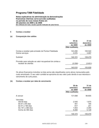 Programa TAM Fidelidade
      Notas explicativas da administração às demonstrações
      financeiras interinas carve-out (não auditadas)
      no período de nove meses findos em
      30 setembro de 2009 e de 2008
      Em milhares de reais, exceto quando indicado de outra forma




          do período comparativo, além da exigência atual de apresentar balanços no final do
          período em curso e período comparativo.

      .   IFRS 3 (revisado) - Combinações de negócios (válido a partir de 1o de julho de 2009). A
          norma revisada continua a aplicar o método de aquisição de combinações de negócios,
          com algumas mudanças significativas. Por exemplo, todos os pagamentos para a compra
          de bens devem ser registrados pelo valor justo na data da aquisição, com pagamentos
          contingentes classificados como débitos subsequentes remensurados por meio das
          demonstrações de resultado. Há uma opção em uma base de aquisição para medir a
          participação minoritária quer pelo valor justo ou proporcional dos ativos líquidos adquiridos.
          Todos os custos relacionados à aquisição devem ser contabilizados. IFRS 3 (revisado)
          será aplicado prospectivamente a todas as combinações de negócios, se for o caso, a
          partir de 1o de janeiro de 2010.

      .   IFRS 9 - Instrumentos financeiros (válido a partir de 1o de julho de 2013). A norma
          especifica como os ativos financeiros, incluindo os contratos híbridos devem ser
          classificados e medidos. Ela exige que todos os ativos financeiros devam ser classificados
          com base no modelo de negócios para gestão de ativos financeiros e os respectivos fluxos
          de caixa contratuais. Os ativos financeiros devem ser inicialmente registrados pelo valor
          justo acrescido, se for o caso, dos custos de transação e, posteriormente, mensurados pelo
          custo amortizado, apenas se certas condições forem cumpridas, inclusive que os termos
          contratuais dos ativos dão origem a fluxos de caixa que são apenas os pagamentos de
          principal ou juros sobre o capital, ou o valor justo.


4     Estimativas e julgamentos contábeis críticos

      Estimativas e julgamentos são continuamente avaliados e estão baseados na experiência
      histórica e outros fatores, incluindo expectativas de eventos futuros que se acredita serem
      razoáveis para as circunstâncias. As estimativas contábeis por definição, raramente se
      equivalem aos resultados reais. As estimativas e julgamentos que têm um risco significativo
      de provocar um ajuste material nos valores de ativos e passivos no exercício seguinte, são
      discutidos abaixo.

4.1   Reconhecimento de receita

      As receitas com relação aos Pontos Fidelidade emitidos pela TAM a clientes TAM para
      adquirir bilhetes aéreos são determinadas com base no valor justo estimado dos pontos
      concedidos aos passageiros, sendo diferidas até que os pontos sejam efetivamente



                                          00393-DEF-EST-011                                      
 