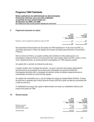 Programa TAM Fidelidade
      Notas explicativas da administração às demonstrações
      financeiras interinas carve-out (não auditadas)
      no período de nove meses findos em
      30 setembro de 2009 e de 2008
      Em milhares de reais, exceto quando indicado de outra forma



(b)   Riscos de mercado

      O Programa TAM Fidelidade está exposto aos riscos de mercado em decorrência de suas
      atividades comerciais normais. Estes riscos de mercado dizem respeito, principalmente, a
      mudanças nas taxas de juros. Quaisquer alterações desse tipo podem afetar negativamente o
      valor de seus ativos e passivos financeiros ou os fluxos futuros de capital e de despesas. O
      risco de mercado é a possível perda derivada de variações nos preços do mercado. Programa
      TAM Fidelidade está sujeito ao risco da taxa de juros e ao risco inerente à taxa de câmbio,
      sobre todos os seus empréstimos que em 30 de setembro de 2009 é de R$ 2.670
      (31 de dezembro de 2008 - Zero).

(c)   Risco de liquidez

      A gestão prudente de risco de liquidez implica a manutenção de caixa e títulos negociáveis
      suficientes, a disponibilidade de fundos através de uma quantia adequada de crédito
      comprometidos e a capacidade de fechar posições do mercado. Considerando que uma
      abordagem centralizada da administração de capital tem vigorado nos períodos apresentados,
      a administração da TAM tem a responsabilidade de administrar o risco de liquidez em todas
      as suas atividades comerciais, incluindo o Programa de Fidelidade.

      A tabela a seguir demonstra os passivos financeiros do grupo por grupos de vencimento com
      base no período remanescente na data do balanço até a data de vencimento contratual. Os
      valores divulgados na tabela são os fluxos de caixa contratuais não descontados e incluem
      juros:

                                                    Entre um        Entre
                                       Menos de       e dois       dois e           Efeito do      Valor
                                        um ano          anos    três anos   Total   desconto     contábil

      Em 30 de setembro de 2009
       (não auditado)
      Empréstimos                          1.109       1.029         950    3.088       (418)         2.670

                                           1.109       1.029         950    3.088       (418)         2.670



7     Passivos financeiros

      O valor contábil dos passivos financeiros é mensurado pelo método do custo amortizado, e
      seus correspondentes valores justos são demonstrados a seguir:




                                         00393-DEF-EST-011                                      
 
