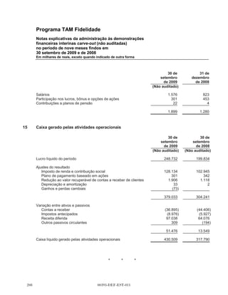 Programa TAM Fidelidade
        Notas explicativas da administração às demonstrações
        financeiras interinas carve-out (não auditadas)
        no período de nove meses findos em
        30 setembro de 2009 e de 2008
        Em milhares de reais, exceto quando indicado de outra forma




(b)     Conciliação das despesas do imposto de
        renda e da contribuição social

        O imposto de renda e contribuição social apurados sobre o lucro antes da tributação difere do
        valor teórico que resultaria usando-se a alíquota de imposto aplicável no Brasil.

                                                                                           30 de            30 de
                                                                                       setembro         setembro
                                                                                         de 2009          de 2008
                                                                                   (Não auditado)   (Não auditado)

        Lucro antes da tributação                                                        376.866          302.779
        Imposto calculado à alíquota aplicável vigente - %                                    34               34

        Resultado do imposto de renda e contribuição social                              128.134          102.945

        Adições permanentes (exclusões)

        Despesas de imposto de renda e contribuição social à aliquota efetiva            128.134          102.945

        Alíquota efetiva - %                                                                  34               34


        Os anos fiscais de 2007 a 2008 estão sujeitos a exame pelas autoridades fiscais brasileiras.

(c)     Composição do imposto de renda e da
        contribuição social deferidos ativos

        Os ativos e passivos diferidos do imposto de renda são compensados quando há o direito
        legalmente executável de compensar os ativos fiscais correntes contra os passivos fiscais
        correntes e quando os impostos diferidos sobre a renda se refiram à mesma autoridade fiscal.

        O movimento nos ativos e passivos diferidos do imposto de renda durante o período
        apresentado é o seguinte:

                                                                                       Cobrados/
                                                                          31 de   (creditados) na           30 de
                                                                      dezembro     demonstração         setembro
                                                                        de 2008      do resultado         de 2009
                                                                                                    (Não auditado)

        Receita diferida                                                156.653           29.941          186.594
        Participação nos lucros e resultados                                139               67              206

                                                                        156.792           30.008          186.800




                                             00393-DEF-EST-011
 