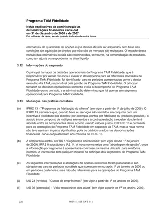 Programa TAM Fidelidade
      Notas explicativas da administração às
      demonstrações financeiras carve-out
      em 31 de dezembro de 2008 e de 2007
      Em milhares de reais, exceto quando indicado de outra forma



      derivativos, quando aplicável), (ii) empréstimos e (iii) recebíveis. A classificação depende da
      finalidade para o qual os ativos financeiros foram adquiridos. A administração determina a
      classificação de seus ativos financeiros no reconhecimento inicial. Nenhum ativo financeiro foi
      classificado ao valor justo através do resultado para qualquer período apresentado.

(a)   Empréstimos e recebíveis

      Os empréstimos e recebíveis são ativos financeiros não derivativos com pagamentos fixos ou
      determináveis que não são cotados em um mercado ativo. São avaliados pelo custo
      amortizado e são incluídos no ativo circulante, exceto para aqueles com vencimento superior
      a 12 meses após a data do balanço, que são classificados como ativos não circulantes. Os
      empréstimos e recebíveis incluem as Contas a receber no balanço.

(b)   Instrumentos financeiros derivativos

      Inicialmente, os derivativos são reconhecidos pelo valor justo na data em que um contrato
      derivativo é celebrado e são, subsequentemente, remensurados ao seu valor justo. Os custos
      de transação são registrados no resultado quando incorridos. Nenhum derivativo foi
      contratado pelo Programa TAM Fidelidade durante qualquer um dos períodos apresentados.

(c)   Impairment de ativos financeiros

      Na data do balanço o Programa TAM Fidelidade avalia se há evidência objetiva de que um
      ativo financeiro está registrado por valor acima de seu valor recuperável (impairment).

3.5   Contas a receber

      As contas as receber são reconhecidas inicialmente pelo valor justo e posteriormente
      avaliadas pelo custo amortizado utilizando o método de taxa efetiva, deduzido a provisão para
      perdas por valor recuperável. Na prática, devido à natureza de curto prazo das contas a
      receber, elas geralmente são reconhecidas pelo montante faturado. Uma provisão para
      perdas por valor recuperável de contas a receber é estabelecida quando há uma evidência
      objetiva de que o Programa TAM Fidelidade não será capaz de cobrar todas as quantias
      devidas, de acordo com os termos originais das contas a receber.

      O valor do ativo é deduzido da provisão para perdas, e o valor da perda é reconhecido no
      resultado do exercício. Quando um contas a receber é considerado incobrável ele é baixado
      contra a provisão para perdas. Valores que haviam sido baixados e que foram recuperados de
      forma subsequente são registrados no resultado.




                                          00393-DEF-EST-011                                   
 