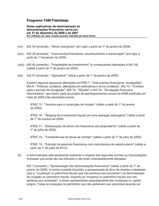 Programa TAM Fidelidade
       Notas explicativas da administração às
       demonstrações financeiras carve-out
       em 31 de dezembro de 2008 e de 2007
       Em milhares de reais, exceto quando indicado de outra forma



       liquidar a obrigação e uma estimativa confiável de valor possa ser feita. As provisões são
       mensuradas pelo valor presente dos gastos que devem ser necessários para liquidar a
       obrigação utilizando, quando aplicável, uma taxa de desconto baseada nas taxas de juros
       atuais de mercado e que reflita os riscos relacionados com o passivo.

3.10   Receita e receita diferida

       Sob Programa TAM Fidelidade, os pontos de fidelidade são acumulados ao voar com a TAM
       ou com companhias aéreas parceiras, ou ao fazer compras utilizando um cartão de crédito do
       Programa TAM Fidelidade, ou utilizando os serviços e produtos dos parceiros comerciais.

       Os pontos de fidelidade emitidos em conexão com a venda de passagens aéreas pela TAM
       são reconhecidos como um componente identificável separadamente do preço de venda, com
       base no valor justo estimado dos pontos atribuídos. Essa receita é calculada (considerando
       apenas os Pontos Fidelidade que se esperam ser resgatados com base em experiência
       histórica), sendo inicialmente diferida e depois reconhecida na demonstração de resultado
       como receita quando os pontos são resgatados. Como o resultado, nenhuma receita pela
       emissão de Pontos Fidelidade foi alocada nessas demonstrações financeiras carve-out no que
       diz respeito aos Pontos Fidelidade emitidos em conexão com a venda de passagens aéreas
       das quais não se esperam ser resgatadas, conhecido como breakage. A receita inclui também
       a receita proveniente da venda de pontos de fidelidade de terceiros, tais como companhias
       aéreas parceiras, empresas de cartão de crédito e outros parceiros comerciais de fidelidade.
       Essa receita é diferida e reconhecida na demonstração dos resultados quando os pontos são
       resgatados.

       A receita também é reconhecida sob outras receitas para as taxas cobradas pelo Programa
       TAM Fidelidade dos cartões de crédito que utilizam o nome da marca Fidelidade entre
       outras.

3.11   Remuneração com base em ações

       A TAM oferece a empregados e executivos planos de remuneração com base em ações,
       liquidados em ações. O valor justo dos serviços do empregado, recebido em troca da outorga
       de opções, é reconhecido como despesa.

       O valor total a ser destinado é determinado mediante a referência ao valor justo das opções
       outorgadas, excluindo o impacto de quaisquer condições de aquisições de direitos que não
       são de mercado (por exemplo rentabilidade e metas de aumento de vendas). As condições de
       aquisições de direitos que não são de mercado estão incluídas nas premissas sobre a
       quantidade de opções cujos direitos devem ser adquiridos. A cada data de balanço, as



                                          00393-DEF-EST-011                                   
 