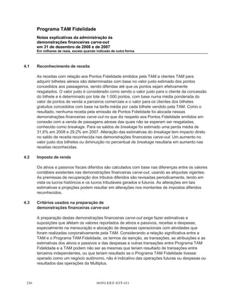 Programa TAM Fidelidade
         Notas explicativas da administração às
         demonstrações financeiras carve-out
         em 31 de dezembro de 2008 e de 2007
         Em milhares de reais, exceto quando indicado de outra forma



(iii)    Alteração à IFRS 7 - Instrumentos financeiros - divulgações (válida a partir de 1o de janeiro
         de 2009).

(iv)     IFRS 2 (alteração) - Pagamento baseado em ações (válida a partir de 1o de janeiro de 2009).

(v)      IFRS 1 (alteração) - Primeira adoção das IFRS e IAS 27 - Demonstrações financeiras
         consolidadas e separadas.

(vi)     IAS 20 (emenda) - Contabilização de concessões do governo e divulgação de auxílio
         governamental (válida a partir de 1o de janeiro de 2009).

(vii)    IAS 27 (revisada) - Demonstrações financeiras consolidadas e separadas (válida a partir de
         1o de julho de 2009).

(viii)   IFRS 5 (alteração) - Ativos não circulantes mantidos para alienação e operações
         descontinuadas (e consequente alteração à IFRS 1 - Primeira adoção) (válida a partir de
         1o de julho de 2009).

(ix)     IAS 19 (emenda) - Benefícios a empregados (válida a partir de 1o de janeiro de 2009).

(x)      IAS 16 (emenda) - Imobilizado (e consequente alteração à IAS 7 - Demonstração de fluxo
         de caixa) (válida a partir de 1o de janeiro de 2009).

(xi)     IAS 27 (emenda) - Demonstrações financeiras consolidadas e separadas.

(xii)    IAS 28 (alteração) - Investimentos em associados (e as consequentes alterações a IAS 32 -
         Instrumentos financeiros: apresentação e IFRS 7 - Instrumentos financeiros: divulgações)
         (válida a partir de 1o de janeiro de 2009).

(xiii)   IAS 29 (emenda) - Divulgação financeira em economias hiperinflacionárias (válida a partir de
         1o de janeiro de 2009).

(xiv)    IAS 31 (emenda) - Participações em joint ventures (e consequentes alterações à IAS 32 e
         IFRS 7) (todas válidas a partir de 1o de janeiro de 2009).

(xv)     IAS 32 (emenda) - Instrumentos financeiros: apresentação e IAS 1 (alteração) -
         Apresentação de demonstrações financeiras - Instrumentos financeiros com opção de
         venda e obrigações decorrentes de liquidação (válida a partir de 1 o de janeiro de 2009).




                                            00393-DEF-EST-011                                    
 