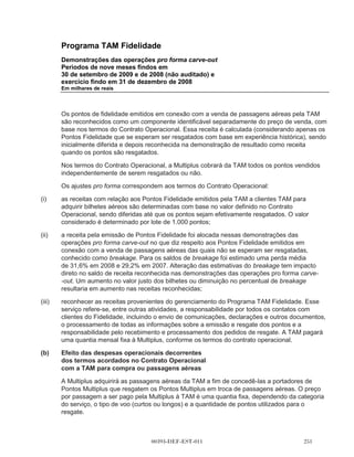 Programa TAM Fidelidade
      Demonstrações das operações pro forma carve-out
      Períodos de nove meses findos em
      30 de setembro de 2009 e de 2008 (não auditado) e
      exercício findo em 31 de dezembro de 2008
      Em milhares de reais



1     Descrição das transações e base para a
      preparação das demonstrações das
      operações pro forma carve-out

(a)   Contexto operacional

      A TAM S.A. (TSA) é uma empresa listada na BMFBOVESPA - Bolsa de Valores,
      Mercadorias e Futuros (BMFBOVESPA) e na Bolsa de Valores de Nova York, com sede no
      Brasil e que através da sua controlada TAM Linhas Aéreas S.A. (TAM) atua no setor de
      linhas aéreas. A TLA opera desde 1993 um programa de fidelidade chamado Programa TAM
      Fidelidade (Fidelidade) que premia os clientes que voam nos voos da TAM com pontos de
      Fidelidade (Pontos de Fidelidade), que somente podem ser resgatados por passagens
      aéreas gratuitas na TAM e algumas outras empresas aéreas parceiras com as quais a TAM
      tenha acordo de operação. A TAM também vende Pontos de Fidelidade a terceiros
      (conhecidos como parceiros comerciais) tais como emissores de cartão de crédito, bancos,
      hotéis e outros que, por sua vez, dão Pontos de Fidelidade para seus próprios clientes.

      Em junho de 2009, a TAM lançou um novo programa de fidelidade chamado Multiplus
      (Multiplus) que representa um programa de fidelização que visa criar uma rede de
      programas de fidelidade de empresas em diversos setores do Brasil e outros países,
      especialmente na América Latina. Em conexão com o início do programa Multiplus, a TAM
      introduziu em agosto de 2009 a possibilidade de resgatar Pontos Fidelidade por produtos
      (além de bilhetes aéreos gratuitos) que são adquiridos do Programa TAM Fidelidade junto a
      terceiros fornecedores.

      O programa Multiplus permite o acúmulo de pontos Multiplus (Pontos Multiplus), que podem
      ser resgatados por produtos ou serviços que o Multiplus possa vir a adquirir de diferentes
      empresas ou podem ser trocados por pontos de determinados parceiros comerciais que
      possuem seus próprios programas de fidelidade (os Parceiros de Resgate). Na data das
      presentes demonstrações financeiras interinas pro forma carve-out (não auditado), os
      Parceiros de Resgate incluem a TAM, as operações brasileiras do varejista WalMart, a
      Ipiranga, uma operadora de postos de serviço automotivo e a Livraria Cultura. Os acordos
      com esses Parceiros de Resgate firmados com o Programa TAM Fidelidade estabelecem que
      a partir de 1o de janeiro de 2010 eles serão automaticamente transferidos ao Multiplus.

      O Multiplus venderá os Pontos Multiplus para parceiros (Parceiros de Resgate) que inclui a
      TAM. Tais Parceiros de Resgate concederão, a seus clientes, os Pontos Multiplus a seus
      clientes que podem ser resgatados conforme descrito acima.



                                      00393-DEF-EST-011                                    
 