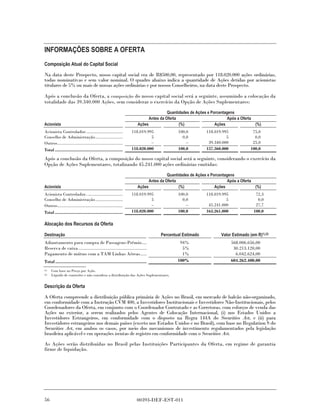 INFORMAÇÕES SOBRE A OFERTA
Composição Atual do Capital Social

Na data deste Prospecto, nosso capital social era de R$500,00, representado por 118.020.000 ações ordinárias,
todas nominativas e sem valor nominal. O quadro abaixo indica a quantidade de Ações detidas por acionistas
titulares de 5% ou mais de nossas ações ordinárias e por nossos Conselheiros, na data deste Prospecto.

Após a conclusão da Oferta, a composição do nosso capital social será a seguinte, assumindo a colocação da
totalidade das 39.340.000 Ações, sem considerar o exercício da Opção de Ações Suplementares:
                                                                                      Quantidades de Ações e Porcentagens
                                                                            Antes da Oferta                           Após a Oferta
Acionista                                                             Ações                 (%)                Ações                (%)
Acionista Controlador...............................              118.019.995              100,0          118.019.995              75,0
Conselho de Administração .......................                           5                0,0                    5               0,0
Outros.......................................................               –                  –           39.340.000              25,0
Total .........................................................   118.020.000              100,0          157.360.000             100,0

Após a conclusão da Oferta, a composição do nosso capital social será a seguinte, considerando o exercício da
Opção de Ações Suplementares, totalizando 45.241.000 ações ordinárias emitidas:
                                                                                      Quantidades de Ações e Porcentagens
                                                                            Antes da Oferta                           Após a Oferta
Acionista                                                             Ações                 (%)                Ações                (%)
Acionista Controlador...............................              118.019.995              100,0          118.019.995                72,3
Conselho de Administração .......................                           5                0,0                    5                 0,0
Outros.......................................................               –                  –           45.241.000                27,7
Total .........................................................   118.020.000              100,0          163.261.000               100,0

Alocação dos Recursos da Oferta

Destinação                                                                        Percentual Estimado             Valor Estimado (em R)1),(2)
Adiantamento para compra de Passagens-Prêmio....                                            94%                         568.006.656,00
Reserva de caixa .....................................................                       5%                          30.213.120,00
Pagamento de mútuo com a TAM Linhas Aéreas.....                                              1%                           6.042.624,00
Total .......................................................................              100%                         604.262.400,00
(1)   Com base no Preço por Ação.
(2)   Líquido de comissões e não considera a distribuição das Ações Suplementares.


Descrição da Oferta

A Oferta compreende a distribuição pública primária de Ações no Brasil, em mercado de balcão não-organizado,
em conformidade com a Instrução CVM 400, a Investidores Institucionais e Investidores Não-Institucionais, pelos
Coordenadores da Oferta, em conjunto com o Coordenador Contratado e as Corretoras, com esforços de venda das
Ações no exterior, a serem realizados pelos Agentes de Colocação Internacional, (i) nos Estados Unidos a
Investidores Estrangeiros, em conformidade com o disposto na Regra 144A do Securities Act, e (ii) para
Investidores estrangeiros nos demais países (exceto nos Estados Unidos e no Brasil), com base no Regulation S do
Securities Act, em ambos os casos, por meio dos mecanismos de investimento regulamentados pela legislação
brasileira aplicável e em operações isentas de registro em conformidade com o Securities Act.
As Ações serão distribuídas no Brasil pelas Instituições Participantes da Oferta, em regime de garantia
firme de liquidação.




56                                                                   00393-DEF-EST-011
 