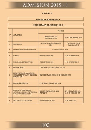 ANEXO No. 01
PROCESO DE ADMISION 2015 - I
CRONOGRAMA DE ADMISION 2015-I
N° ACTIVIDADES
PROCESO
PREFERENCIAL 2015
(Alumnos del 5to Año)
SELECCIÓN GENERAL 2015-I
1 INSCRIPCION
Del 15 de Julio al 06 de Setiembre de
2014
Del 15 de Julio al 13 de
Setiembre de 2014
2 FERIA DE ORIENTACION VOCACIONAL 26 Y 27 DE AGOSTO 2014
3 EXAMEN 07 DE SETIEMBRE 2014 14 DE SETIEMBRE 2014
4 PUBLICACION DE RESULTADOS 07 DE SETIEMBRE 2014 14 DE SETIEMBRE 2014
5 REVISION MÉDICA A PARTIR DEL 15 DE SETIEMBRE DE 2014
6
PRESENTACIÓN DE DOCUMENTOS
OFICIALES CEPREVAL A Y SELECCIÓN
GENERAL 2015-I
DEL 1 DE OCTUBRE 2014 AL 30 DE DICIEMBRE 2014
7 RENUNCIA AL PROCESO A PARTIR DEL 1 DE OCTUBRE 2014
8
ENTREGA DE CONSTANCIAS
CEPREVAL A, EXAMEN PREFERENCIAL
Y SELECCIÓN GENERAL 2015-I
DEL 02 DE ENERO 2015 AL 30 DE
ENERO 2015
DEL 15 DE OCTUBRE 2014
AL 30 DE DICIEMBRE 2014
9 ANULACION DE CONSTANCIAS 02 DE FEBRERO DE 2015 02 DE ENERO 2015
100
ADMISIÓN 2015 - I
 