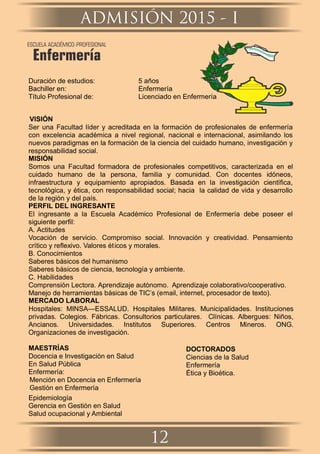Duración de estudios: 5 años
Bachiller en: Enfermería
Título Profesional de: Licenciado en Enfermería
VISIÓN
Ser una Facultad líder y acreditada en la formación de profesionales de enfermería
con excelencia académica a nivel regional, nacional e internacional, asimilando los
nuevos paradigmas en la formación de la ciencia del cuidado humano, investigación y
responsabilidad social.
MISIÓN
Somos una Facultad formadora de profesionales competitivos, caracterizada en el
cuidado humano de la persona, familia y comunidad. Con docentes idóneos,
infraestructura y equipamiento apropiados. Basada en la investigación cientíﬁca,
tecnológica, y ética, con responsabilidad social; hacia la calidad de vida y desarrollo
de la región y del país.
PERFIL DEL INGRESANTE
El ingresante a la Escuela Académico Profesional de Enfermería debe poseer el
siguiente perﬁl:
A. Actitudes
Vocación de servicio. Compromiso social. Innovación y creatividad. Pensamiento
crítico y reﬂexivo. Valores éticos y morales.
B. Conocimientos
Saberes básicos del humanismo
Saberes básicos de ciencia, tecnología y ambiente.
C. Habilidades
Comprensión Lectora. Aprendizaje autónomo. Aprendizaje colaborativo/cooperativo.
Manejo de herramientas básicas de TIC’s (email, internet, procesador de texto).
MERCADO LABORAL
Hospitales: MINSA—ESSALUD. Hospitales Militares. Municipalidades. Instituciones
privadas. Colegios. Fábricas. Consultorios particulares. Clínicas. Albergues: Niños,
Ancianos. Universidades. Institutos Superiores. Centros Mineros. ONG.
Organizaciones de investigación.
MAESTRÍAS
Docencia e Investigación en Salud
En Salud Pública
Enfermería:
Mención en Docencia en Enfermería
Gestión en Enfermería
Epidemiología
Gerencia en Gestión en Salud
Salud ocupacional y Ambiental
DOCTORADOS
Ciencias de la Salud
Enfermería
Ética y Bioética.
ADMISIÓN 2015 - I
12
ESCUELA ACADÉMICO-PROFESIONAL
Enfermería
 