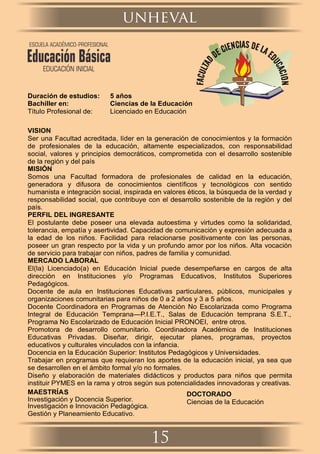 Duración de estudios: 5 años
Bachiller en: Ciencias de la Educación
Título Profesional de: Licenciado en Educación
Investigación y Docencia Superior.
VISION
Ser una Facultad acreditada, líder en la generación de conocimientos y la formación
de profesionales de la educación, altamente especializados, con responsabilidad
social, valores y principios democráticos, comprometida con el desarrollo sostenible
de la región y del país
MISIÓN
Somos una Facultad formadora de profesionales de calidad en la educación,
generadora y difusora de conocimientos cientíﬁcos y tecnológicos con sentido
humanista e integración social, inspirada en valores éticos, la búsqueda de la verdad y
responsabilidad social, que contribuye con el desarrollo sostenible de la región y del
país.
PERFIL DEL INGRESANTE
El postulante debe poseer una elevada autoestima y virtudes como la solidaridad,
tolerancia, empatía y asertividad. Capacidad de comunicación y expresión adecuada a
la edad de los niños. Facilidad para relacionarse positivamente con las personas,
poseer un gran respecto por la vida y un profundo amor por los niños. Alta vocación
de servicio para trabajar con niños, padres de familia y comunidad.
MERCADO LABORAL
El(la) Licenciado(a) en Educación Inicial puede desempeñarse en cargos de alta
dirección en Instituciones y/o Programas Educativos, Institutos Superiores
Pedagógicos.
Docente de aula en Instituciones Educativas particulares, públicos, municipales y
organizaciones comunitarias para niños de 0 a 2 años y 3 a 5 años.
Docente Coordinadora en Programas de Atención No Escolarizada como Programa
Integral de Educación Temprana—P.I.E.T., Salas de Educación temprana S.E.T.,
Programa No Escolarizado de Educación Inicial PRONOEI, entre otros.
Promotora de desarrollo comunitario. Coordinadora Académica de Instituciones
Educativas Privadas. Diseñar, dirigir, ejecutar planes, programas, proyectos
educativos y culturales vinculados con la infancia.
Docencia en la Educación Superior: Institutos Pedagógicos y Universidades.
Trabajar en programas que requieran los aportes de la educación inicial, ya sea que
se desarrollen en el ámbito formal y/o no formales.
Diseño y elaboración de materiales didácticos y productos para niños que permita
instituir PYMES en la rama y otros según sus potencialidades innovadoras y creativas.
MAESTRÍAS
Investigación e Innovación Pedagógica.
Gestión y Planeamiento Educativo.
DOCTORADO
Ciencias de la Educación
unheval
15
ESCUELA ACADÉMICO-PROFESIONAL
Educación Básica
EDUCACIÓN INICIAL
 