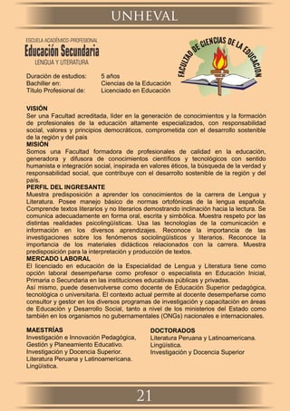 Duración de estudios: 5 años
Bachiller en: Ciencias de la Educación
Título Profesional de: Licenciado en Educación
VISIÓN
Ser una Facultad acreditada, líder en la generación de conocimientos y la formación
de profesionales de la educación altamente especializados, con responsabilidad
social, valores y principios democráticos, comprometida con el desarrollo sostenible
de la región y del país
MISIÓN
Somos una Facultad formadora de profesionales de calidad en la educación,
generadora y difusora de conocimientos cientíﬁcos y tecnológicos con sentido
humanista e integración social, inspirada en valores éticos, la búsqueda de la verdad y
responsabilidad social, que contribuye con el desarrollo sostenible de la región y del
país.
PERFIL DEL INGRESANTE
Muestra predisposición a aprender los conocimientos de la carrera de Lengua y
Literatura. Posee manejo básico de normas ortofónicas de la lengua española.
Comprende textos literarios y no literarios demostrando inclinación hacia la lectura. Se
comunica adecuadamente en forma oral, escrita y simbólica. Muestra respeto por las
distintas realidades psicolingüísticas. Usa las tecnologías de la comunicación e
información en los diversos aprendizajes. Reconoce la importancia de las
investigaciones sobre los fenómenos sociolingüísticos y literarios. Reconoce la
importancia de los materiales didácticos relacionados con la carrera. Muestra
predisposición para la interpretación y producción de textos.
MERCADO LABORAL
El licenciado en educación de la Especialidad de Lengua y Literatura tiene como
opción laboral desempeñarse como profesor o especialista en Educación Inicial,
Primaria o Secundaria en las instituciones educativas públicas y privadas.
Así mismo, puede desenvolverse como docente de Educación Superior pedagógica,
tecnológica o universitaria. El contexto actual permite al docente desempeñarse como
consultor y gestor en los diversos programas de investigación y capacitación en áreas
de Educación y Desarrollo Social, tanto a nivel de los ministerios del Estado como
también en los organismos no gubernamentales (ONGs) nacionales e internacionales.
MAESTRÍAS
Investigación e Innovación Pedagógica,
Gestión y Planeamiento Educativo.
Investigación y Docencia Superior.
Literatura Peruana y Latinoamericana.
Lingüística.
DOCTORADOS
Literatura Peruana y Latinoamericana.
Lingüística.
Investigación y Docencia Superior
unheval
21
ESCUELA ACADÉMICO-PROFESIONAL
EducaciónSecundaria
LENGUA Y LITERATURA
 