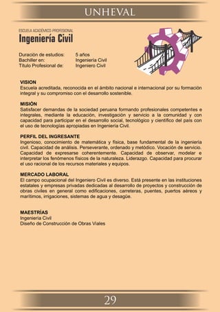 Duración de estudios: 5 años
Bachiller en: Ingeniería Civil
Título Profesional de: Ingeniero Civil
VISION
Escuela acreditada, reconocida en el ámbito nacional e internacional por su formación
integral y su compromiso con el desarrollo sostenible.
MISIÓN
Satisfacer demandas de la sociedad peruana formando profesionales competentes e
integrales, mediante la educación, investigación y servicio a la comunidad y con
capacidad para participar en el desarrollo social, tecnológico y cientíﬁco del país con
el uso de tecnologías apropiadas en Ingeniería Civil.
PERFIL DEL INGRESANTE
Ingenioso, conocimiento de matemática y física, base fundamental de la ingeniería
civil. Capacidad de análisis. Perseverante, ordenado y metódico. Vocación de servicio.
Capacidad de expresarse coherentemente. Capacidad de observar, modelar e
interpretar los fenómenos físicos de la naturaleza. Liderazgo. Capacidad para procurar
el uso racional de los recursos materiales y equipos.
MERCADO LABORAL
El campo ocupacional del Ingeniero Civil es diverso. Está presente en las instituciones
estatales y empresas privadas dedicadas al desarrollo de proyectos y construcción de
obras civiles en general como ediﬁcaciones, carreteras, puentes, puertos aéreos y
marítimos, irrigaciones, sistemas de agua y desagüe.
MAESTRÍAS
Ingeniería Civil
Diseño de Construcción de Obras Viales
unheval
29
ESCUELA ACADÉMICO-PROFESIONAL
Ingeniería Civil
 