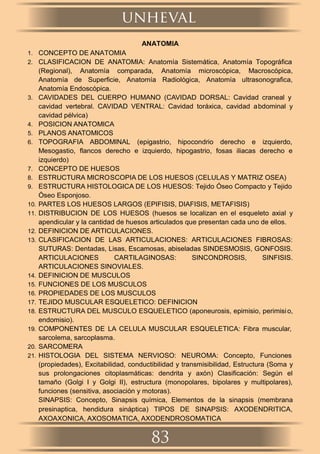 ANATOMIA
1. CONCEPTO DE ANATOMIA
2. CLASIFICACION DE ANATOMIA: Anatomía Sistemática, Anatomía Topográﬁca
(Regional), Anatomía comparada, Anatomía microscópica, Macroscópica,
Anatomía de Superﬁcie, Anatomía Radiológica, Anatomía ultrasonograﬁca,
Anatomía Endoscópica.
3. CAVIDADES DEL CUERPO HUMANO (CAVIDAD DORSAL: Cavidad craneal y
cavidad vertebral. CAVIDAD VENTRAL: Cavidad toráxica, cavidad abdominal y
cavidad pélvica)
4. POSICION ANATOMICA
5. PLANOS ANATOMICOS
6. TOPOGRAFIA ABDOMINAL (epigastrio, hipocondrio derecho e izquierdo,
Mesogastio, ﬂancos derecho e izquierdo, hipogastrio, fosas iliacas derecho e
izquierdo)
7. CONCEPTO DE HUESOS
8. ESTRUCTURA MICROSCOPIA DE LOS HUESOS (CELULAS Y MATRIZ OSEA)
9. ESTRUCTURA HISTOLOGICA DE LOS HUESOS: Tejido Óseo Compacto y Tejido
Óseo Esponjoso.
10. PARTES LOS HUESOS LARGOS (EPIFISIS, DIAFISIS, METAFISIS)
11. DISTRIBUCION DE LOS HUESOS (huesos se localizan en el esqueleto axial y
apendicular y la cantidad de huesos articulados que presentan cada uno de ellos.
12. DEFINICION DE ARTICULACIONES.
13. CLASIFICACION DE LAS ARTICULACIONES: ARTICULACIONES FIBROSAS:
SUTURAS: Dentadas, Lisas, Escamosas, abiseladas SINDESMOSIS, GONFOSIS.
ARTICULACIONES CARTILAGINOSAS: SINCONDROSIS, SINFISIS.
ARTICULACIONES SINOVIALES.
14. DEFINICION DE MUSCULOS
15. FUNCIONES DE LOS MUSCULOS
16. PROPIEDADES DE LOS MUSCULOS
17. TEJIDO MUSCULAR ESQUELETICO: DEFINICION
18. ESTRUCTURA DEL MUSCULO ESQUELETICO (aponeurosis, epimisio, perimisio,
endomisio).
19. COMPONENTES DE LA CELULA MUSCULAR ESQUELETICA: Fibra muscular,
sarcolema, sarcoplasma.
20. SARCOMERA
21. HISTOLOGIA DEL SISTEMA NERVIOSO: NEUROMA: Concepto, Funciones
(propiedades), Excitabilidad, conductibilidad y transmisibilidad, Estructura (Soma y
sus prolongaciones citoplasmáticas: dendrita y axón) Clasiﬁcación: Según el
tamaño (Golgi I y Golgi II), estructura (monopolares, bipolares y multipolares),
funciones (sensitiva, asociación y motoras).
SINAPSIS: Concepto, Sinapsis química, Elementos de la sinapsis (membrana
presinaptica, hendidura sináptica) TIPOS DE SINAPSIS: AXODENDRITICA,
AXOAXONICA, AXOSOMATICA, AXODENDROSOMATICA
unheval
83
 
