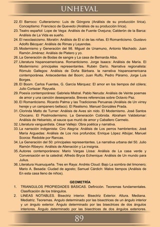 22. El Barroco: Culteranismo: Luis de Góngora (Análisis de su producción lírica).
Conceptismo: Francisco de Quevedo (Análisis de su producción lírica).
23. Teatro español: Lope de Vega: Análisis de Fuente Ovejuna; Calderón de la Barca:
Análisis de La Vida es sueño.
24. El neoclasicismo. Moratín: Análisis de El sí de las niñas. El Romanticismo. Gustavo
Adolfo Bécquer: Análisis de Rimas y Leyendas.
25. Modernismo y Generación del 98. Miguel de Unamuno, Antonio Machado. Juan
Ramón Jiménez: Análisis de Platero y yo.
26. La Generación de Bodas de sangre y La casa de Bernarda Alba.
27. Literatura hispanoamericana. Romanticismo. Jorge Isaacs: Análisis de María. El
Modernismo: principales representantes. Rubén Darío. Narrativa regionalista:
Rómulo Gallegos: Análisis de Doña Bárbara. la narrativa hispanoamericana
contemporánea. Antecedentes del Boom; Juan Rulfo, Pedro Páramo, Jorge Luis
Borges.
28. El Boom. Carlos Fuentes, G. García Márquez: El amor en los tiempos del cólera;
Julio Cortazar: Rayuela.
29. Poesía contemporánea: Gabriela Mistral. Pablo Neruda: Análisis de Veinte poemas
de amor y una canción desesperada. Breves referencias sobre Octavio Paz.
30. El Romanticismo. Ricardo Palma y las Tradiciones Peruanas (Análisis de Un virrey
hereje y un campanero bellaco). El Realismo. Manuel Gonzáles Prada.
31. Clorinda Matto de Turner: Análisis de Aves sin nido. El Modernismo. José Santos
Chocano. El Postmodernismo. La Generación Colónida. Abraham Valdelomar:
Análisis de Hebaristo, el sauce que murió de amor y Caballero Carmelo.
32. Literatura vanguardista. César Vallejo: Obra poética y narrativa.
33. La narración indigenista: Ciro Alegría: Análisis de Los perros hambrientos; José
María Arguedas: Análisis de Los ríos profundos; Enrique López Albújar, Manuel
Scorza: Redoble por Rancas.
34. La Generación del 50: principales representantes. La narrativa urbana del 50. Julio
Ramón Ribeyro: Análisis de Alienación y La insignia.
35. Autores contemporáneos: Mario Vargas Llosa: Análisis de La casa verde y
Conversación en la catedral; Alfredo Bryce Echenique: Análisis de Un mundo para
Julius.
36. Literatura Huanuqueña. Tres en Raya: Andrés Cloud: Bajo La sombra del limonero;
Mario A. Besada: Ciudad de agosto; Samuel Cárdich: Malos tiempos (Análisis de
En esta casa lleno de niños).
GEOMETRÍA
1. TRIANGULOS PROPIEDADES BÁSICAS. Deﬁnición. Teoremas fundamentales.
Clasiﬁcación de los triángulos.
2. LINEAS NOTABLES. Bisectriz interior. Bisectriz Exterior. Altura. Mediana.
Mediatriz. Teoremas. Angulo determinado por las bisectrices de un ángulo interior
y un ángulo exterior. Ángulo determinado por las bisectrices de dos ángulos
interiores. Ángulo determinado por las bisectrices de dos ángulos exteriores.
unheval
89
 