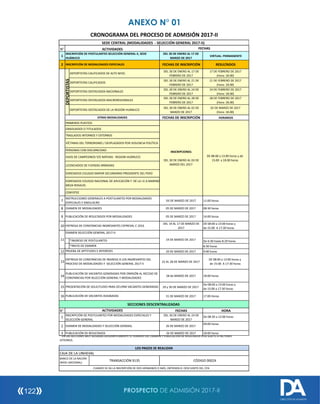 ANEXO N° 01
PROSPECTO DE ADMISIÓN 2017-II122
DIRECCIÓN DE ADMISIÓN
N°
1
DEL 30 DE ENERO AL 17 DE
MARZO DE 2017
VIRTUAL: PERMANENTE
2 FECHAS DE INSCRIPCIÓN RESULTADOS
DEL 30 DE ENERO AL 17 DE
FEBRERO DE 2017
17 DE FEBRERO DE 2017
(Hora: 18.00)
DEL 30 DE ENERO AL 21 DE
FEBRERO DE 2017
21 DE FEBRERO DE 2017
(Hora: 18.00)
DEL 30 DE ENERO AL 24 DE
FEBRERO DE 2017
24 DE FEBRERO DE 2017
(Hora: 18.00)
DEL 30 DE ENERO AL 28 DE
FEBRERO DE 2017
28 DE FEBRERO DE 2017
(Hora: 18.00)
DEL 30 DE ENERO AL 02 DE
MARZO DE 2017
02 DE MARZO DE 2017
(Hora: 18.00)
FECHAS DE INSCRIPCIÓN HORARIOS
7 03 DE MARZO DE 2017 11:00 horas
08:30 horas
9 05 DE MARZO DE 2017 14:00 horas
10
DEL 14 AL 17 DE MARZO DE
2017
DE 08:00 a 13:00 horas y
de 15:00 A 17:30 horas
De 6:30 hasta 8:29 horas
8:30 horas
12 20 DE MARZO DE 2017 9:00 horas
14 28 de MARZO DE 2017 18:00 horas
15 29 y 30 DE MARZO DE 2017
De 08:00 a 13:00 horas y
de 15:00 a 17:30 horas
16 31 DE MARZO DE 2017 17:00 Horas
N° FECHAS HORA
De 08:30 a 13:00 horas
09:00 horas
3 26 DE MARZO DE 2017 18:00 horas
SECCIONES DESCENTRALIZADAS
PUBLICACIÓN DE RESULTADOS
26 DE MARZO DE 2017EXAMEN DE MODALIDADES Y SELECCIÓN GENERAL2
DEL 30 DE ENERO AL 24 DE
MARZO DE 2017
INSCRIPCIÓN DE POSTULANTES POR MODALIDADES ESPECIALES Y
SELECCIÓN GENERAL
1
CRONOGRAMA DEL PROCESO DE ADMISIÓN 2017-II
SEDE CENTRAL (MODALIDADES - SELECCIÓN GENERAL 2017-II)
ACTIVIDADES
8
DEPORTISTAS DESTACADOS DE LA REGIÓN HUÁNUCO
05 DE MARZO DE 2017
DEPORTISTAS CALIFICADOS
DEPORTISTAS DESTACADOS MACROREGIONALES
INSCRIPCIONES:
DEL 30 DE ENERO AL 03 DE
MARZO DEL 2017
TRASLADOS INTERNOS Y EXTERNOS
VÍCTIMAS DEL TERRORISMO / DESPLAZADOS POR VIOLENCIA POLÍTICA
PERSONAS CON DISCAPACIDAD
HIJOS DE CAMPESINOS Y/O NATIVAS - REGION HUÁNUCO
LICENCIADOS DE FUERZAS ARMADAS
INSCRIPCIÓN DE POSTULANTES SELECCIÓN GENERAL II, SEDE
HUÁNUCO
11
13
19 DE MARZO DE 2017
DEPORTISTAS CALIFICADOS DE ALTO NIVEL
DEPORTISTAS
PRIMEROS PUESTOS
GRADUADOS O TITULADOS
DEPORTISTAS DESTACADOS NACIONALES
* EN LAS SECCIONES MUY ALEJADAS GEOGRÁFICAMENTE EL HORARIO DEL EXAMEN Y PUBLICACIÓN DE RESULTADOS ESTA SUJETO A FACTORES
EXTERNOS.
FECHAS
DE 08:00 a 13:00 horas y de
15:00 a 18.00 horas
PUBLICACIÓN DE VACANTES ASIGNADAS
*INGRESO DE POSTULANTES
*INICIO DE EXAMEN
22 AL 28 DE MARZO DE 2017
DE 08:00 a 13:00 horas y
de 15:00 A 17:30 horas
PRUEBA DE APTITUDES E INTERESES
ENTREGA DE CONSTANCIAS DE INGRESO A LOS INGRESANTES DEL
PROCESO DE MODALIDADES Y SELECCIÓN GENERAL 2017-II
PUBLICACIÓN DE VACANTES GENERADAS POR OMISIÓN AL RECOJO DE
CONSTANCIAS POR SELECCIÓN GENERAL Y MODALIDADES
PRESENTACIÓN DE SOLICITUDES PARA OCUPAR VACANTES GENERADAS
INSCRIPCIÓN DE MODALIDADES ESPECIALES
CUANDO SE DA LA INSCRIPCIÓN DE DOS HERMANOS O MÁS, OBTIENEN EL DESCUENTO DEL 25%
ACTIVIDADES
OTRAS MODALIDADES
LOS PAGOS SE REALIZAN
CAJA DE LA UNHEVAL
BANCO DE LA NACIÓN
(NIVEL NACIONAL)
TRANSACCIÓN 9135 CÓDIGO 00024
INSTRUCCIONES GENERALES A POSTULANTES POR MODALIDADES
ESPECIALES Y SIMULACRO
EXAMEN DE MODALIDADES
PUBLICACIÓN DE RESULTADOS POR MODALIDADES
ENTREGA DE CONSTANCIAS INGRESANTES CEPREVAL C 2016
EXAMEN SELECCIÓN GENERAL 2017-II:
EGRESADOS COLEGIO MAYOR SECUNDARIO PRESIDENTE DEL PERÚ
EGRESADOS COLEGIO NACIONAL DE APLICACIÓN Y DE LA I.E.A MARINO
MEZA ROSALES
CENFOTEC
 