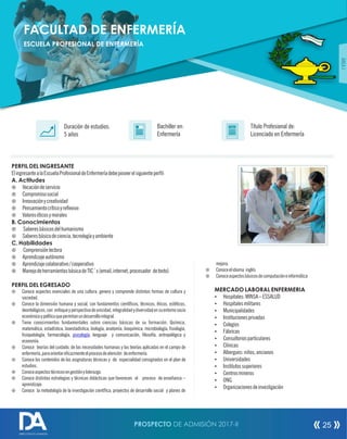 PERFIL DEL INGRESANTE
ElingresantealaEscuelaProfesionaldeEnfermeríadebeposeerelsiguienteperl:
A. Actitudes
¤ Vocacióndeservicio
¤ Compromisosocial
¤ Innovaciónycreatividad
¤ Pensamientocríticoyreexivo
¤ Valoreséticosymorales
B. Conocimientos
¤ Saberesbásicosdelhumanismo
¤ Saberesbásicodeciencia,tecnologíayambiente
C. Habilidades
¤ Comprensiónlectora
¤ Aprendizajeautónomo
¤ Aprendizajecolaborativo/cooperativo
¤ ManejodeherramientasbásicadeTIC´s(email,internet,procesador detexto)
PERFIL DEL EGRESADO
¤ Conoce aspectos esenciales de una cultura, genera y comprende distintas formas de cultura y
sociedad.
¤ Conoce la dimensión humana y social, con fundamentos cientícos, técnicos, éticos, estéticos,
deontológicos,con enfoqueyperspectivadeunicidad,integralidadydiversidadensuentornosocio
económicoypolíticoquepermitanundesarrollointegral.
¤ Tiene conocimientos fundamentales sobre ciencias básicas de su formación: Química,
matemática, estadística, bioestadística, biología, anatomía, bioquímica, microbiología, siología,
siopatología, farmacología, , lenguaje y comunicación, losofía, antropológica ypsicología
economía.
¤ Conoce teorías del cuidado, de las necesidades humanas y las teorías aplicadas en el campo de
enfermería,paraorientarecazmenteelprocesodeatención deenfermería.
¤ Conoce los contenidos de las asignaturas técnicas y de especialidad consignados en el plan de
estudios.
¤ Conoceaspectostécnicosengestiónyliderazgo.
¤ Conoce distintas estrategias y técnicas didácticas que favorecen el proceso de enseñanza –
aprendizaje.
¤ Conoce la metodología de la investigación cientíca, proyectos de desarrollo social y planes de
Título Profesional de:
Licenciado en Enfermería
Duración de estudios:
5 años
Bachiller en:
Enfermería
Título
mejora.
¤ Conoceelidioma inglés
¤ Conoceaspectosbásicosdecomputacióneinformática
MERCADO LABORAL ENFERMERIA
Ÿ Hospitales:MINSA–ESSALUD
Ÿ Hospitalesmilitares
Ÿ Municipalidades
Ÿ Institucionesprivadas
Ÿ Colegios
Ÿ Fábricas
Ÿ Consultoriosparticulares
Ÿ Clínicas
Ÿ Albergues:niños,ancianos
Ÿ Universidades
Ÿ Institutossuperiores
Ÿ Centrosmineros
Ÿ ONG
Ÿ Organizacionesdeinvestigación
ÁREAI
FACULTAD DE ENFERMERÍA
ESCUELA PROFESIONAL DE ENFERMERÍA
PROSPECTO DE ADMISIÓN 2017-II 25
DIRECCIÓN DE ADMISIÓN
 