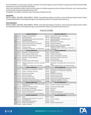 Ciencia del Ambiente. En convenios locales, regionales, nacionales e internacionales ligados a educación ambiental. En Organizaciones No Gubernamentales (ONGs)
quepromuevenyluchanporelcuidadodelmedioambiente.
Laborar como capacitadores y elaborar proyectos de diversa índole en los diferentes programas que ofrece el Ministerio de Educación, pues la mención que lleva le
permitedesarrollarcapacidadesfundamentalesdeláreadeCTA.
Investigadoresenlosproblemasambientales,apoyoenlosproyectosambientalesydesalud.
MAESTRÍA
BIOLOGÍA, QUÍMICA, EDUCACIÓN y MEDIO AMBIENTE: UNHEVAL, Universidad Nacional Mayor de San Marcos, Universidad Nacional Cayetano Heredia, Ponticia
UniversidadCatólicadelPerú,UniversidadNacionalAgraria,UniversidadFedericoVillarreal,UniversidadPrivadadeHuánuco,etc.
DOCTORADOS
BIOLOGÍA, QUÍMICA, EDUCACIÓN y MEDIO AMBIENTE: UNHEVAL, Universidad Nacional Mayor de San Marcos, Universidad Nacional Cayetano Heredia, Ponticia
UniversidadCatólicadelPerú,UniversidadNacionalAgraria,UniversidadFedericoVillarreal,UniversidadPrivadadeHuánuco,etc.
PLAN DE ESTUDIOS
PROSPECTO DE ADMISIÓN 2017-II42
DIRECCIÓN DE ADMISIÓN
1°
PRIMER SEMESTRE SEGUNDO SEMESTRE
AB1101 Ortografía y Sintaxis Básica AB1201 Compre nsión Lectora y Lexicología
AB1102 Lógica Matemática AB1202 Matemática Básica
AB1103
TecnologíadelaInformaciónenelContextodel
TrabajoUniversitario
AB1203
Ciencias Naturales y Geográficas para la
Defensa Nacional
AB1104 Neurociencia del Aprendizaj e AB1204 Introducción a la Filosofía
AF1105 Proceso Histórico del Perú y del Mundo AB1205 Educación Ambiental
AE1106 Biología Celular y Molecular AE1206 Botánica General y Sistemática Vegetal
AC1107
AC1108
*Primeros auxilios
*Seguridad y bioseguridad en el laboratorio
AC1207
AC1208
*Manejo de Residuos Solidos
*Manejo de Equipos, Instrumentos y Materiales de
Laboratorio
2°
TERCER SEMESTRE CUARTO SEMESTRE
AB2101 Redacción y Producción de Textos AF2201 Didáctica General
AB2102 Ética y Respons abilidad Social AF2202 Proyectos Educativos
AF2103 Psicología del Desarrollo y Aprendizaje AF2203 Diseño y Programación Curricular
AF2104 Educación y Ciencias Agógicas AF2204 Planificación Familiar y Salud (FE)
AE2106 Ecología AE2205 Química General
AE2105 Zoología General y Biodiversidad AF2206 Tecnologías Ambientales
AC2107
AC2108
*Medios y Materialesen Educación Ambiental
y Salud
*Preparación de Reactivos en Laboratorio
AC2207
AC2208
*Estrategias metodológica parala conservación de la
salud
*Tratamientode desechos químicoesn la laboratori
3°
QUINTO SEMESTRE SEXTO SEMESTRE
AB3101 Metodología de la Investigación Científica AB3201 Análisis de la Realidad Nacional y Mundial
AF3102 Gestión y Legislación Educativa AB3202
Formulación de Proyectos de Investigación
Educativa
AF3103 Didáctica de la Biología AF3203 Didáctica de la Química
AE3104 Química Inorgánica AF3204 Educación para la Salud
AC3105 Práctica Preprofesional I AC3205 Practica Preprofesional II
AF3106 Tecnologías ambie ntales AE3206 Química de los Compuestos Orgánicos
AC3107
AC3108
*Proyectos Educativos Ambientales y de Salud
*Microscopia y Preparado de Muestras
AC3207
AC3208
*Educación Ambiental no Formal
*Trabajo de Laboratorio y de Campo
4°
SEPTIMO SEMESTRE OCTAVO SEMESTRE
AB4101
Estadística Descriptiva e Inferencial Aplicada
a la Educación
AE4201 Anatomía Fisiología y Salud Humana II
AE4102 Anatomía y Fisiología Humana I AF4202 Conservación del Ambiente
AE4103 Microbiología y parasitología AE4203 Bioquím ica
AE4104 Química Orgánica de las Macromoléculas AE4204 Genética
AC4105 Práctica Preprofesional III AC4205 Práctica Preprofesional IV
AF4106 Estudio y Evaluación del Impacto Ambiental AF4206 Formulación y Desarrollo de Proyectos Ambientales
5°
NOVENO SEMESTRE DÉCIMO SEMESTRE
AB5101 Tesis I AB5201 Tesis II
AF5102 Organización, Administración y Uso de TIC
en el Laboratorio
AE5202 Química Analítica
AF5103 Química de la Contaminación AE5203 Física
AC5104 Práctica Preprofesional V AC5204 Práctica Preprofesional VI
AF5105 Gestión A mbiental
 
