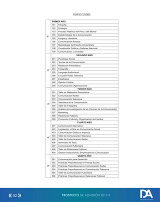PLAN DE ESTUDIOS
1°
PRIMER AÑO
101 Filosofía
102 Ecología
103 Proceso Histórico del Perú y del Mundo
104 Epistemología de la Comunicación
105 Lengua y Literatura
106 Comunicación Artística
107 Metodología del Estudio Universitario
108 Constitución Política y Defensa Nacional
109 Comunicación y Sociedad
2°
SEGUNDO AÑO
201 Psicología Social
202 Teorías de la Comunicación
203 Redacción Periodística
204 Fotografía
205 Lenguaje Audiovisual
206 Locución Radio Televisiva
207 Estadística
208 Opinión Pública
209 Comunicación Organizacional
3°
TERCER AÑO
301 Taller de Redacción Periodística
302 Comunicación Radial
303 Comunicación Televisiva
304 Semiótica de la Comunicación
305 Taller de Fotografía
306 Análisis de Investigación de las Ciencias de la Comunicación
307 Marketing
308 Relaciones Públicas
309 Promoción Cultural y Organización de Eventos
4°
CUARTO AÑO
401 Comunicación Alternativa
402 Legislación y Ética en Comunicación Social
403 Comunicación Gráfica e Impresa
404 Taller de Comunicación Televisiva
405 Taller de Comunicación Radial
406 Seminario de Tesis
407 Comunicación Publicitaria
408 Taller de Relaciones Públicas
409 Gestión Institucional y Empresarial en Comunicación
5°
QUINTO AÑO
501 Comunicación para Desarrollo
502 Prácticas Preprofesional en Prensa Escrita
503 Prácticas Preprofesional en Comunicación Radial
504 Prácticas Preprofesional en Comunicación Televisiva
505 Taller de Comunicación Publicitaria
506 Prácticas Preprofesional en Relaciones Públicas
PROSPECTO DE ADMISIÓN 2017-II52
DIRECCIÓN DE ADMISIÓN
 
