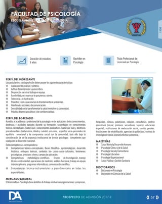 PERFIL DEL INGRESANTE
Lospostulantes aestaprofesióndebenposeerlassiguientescaracterísticas:
¤ Capacidaddeanálisisysíntesis.
¤ Actituddecompresiónyjuiciocritico.
¤ Disposiciónparalaeltrabajoenequipo.
¤ Asertividadparaexpresarloquepiensaysiente.
¤ Toleranciaalafrustración.
¤ Proactivoyconcapacidadenelafrontamientodeproblemas.
¤ Habilidadessocialesydecomunicación.
¤ Sensibilidadsocialparafomentarlasaludmentalenlacomunidad.
¤ Prácticadeprincipioséticosydecondencialidad.
PERFIL DEL EGRESADO
Acreditaalacadémicoyprofesionaldelapsicología enla aplicación delosconocimientos,
destrezas y actitudes logrados durante su formación, sustentados en conocimientos
teórico-conceptuales (saber qué), conocimientos explicativos (saber por qué) y destrezas
procedimentales (saber cómo, dónde y cuándo); así como, aspectos socio-personales de
equilibrio emocional y de compromiso social con la comunidad, todo ello bajo la
consideración de ser la propuesta institucional de brindar psicólogos competentes que
coadyuvenaldesarrollo nacional.
Estascompetenciascorrespondena:
¤ Competencias teórico-conceptuales. Bases losóco- epistemológicas, desarrollo
histórico, enfoques teóricos, contextos bio- psico-socio-culturales, fenómenos
psicológicos,principiosyleyes,camposdeaplicación.
¤ Competencias metodológico-cientícas. Diseño de Investigación, manejo
técnico-instrumental, operaciones de medición, análisis funcional, trabajo en equipo
interdisciplinario,programasinformáticos,comunicacióncientíca.
¤ Competencias técnico-instrumentales y procedimentales en todas las
especialidades.
MERCADO LABORAL
El licenciado en Psicología tiene ámbitos de trabajo en diversas organizaciones y empresas,
Título Profesional de:
Licenciado en Psicología
Duración de estudios:
6 años
Bachiller en:
Psicología
Título
ÁREAII
hospitales, clínicas, policlínicos, colegios, consultorías, centros
educativos (inicial, primaria, secundaria, superior, educación
especial), instituciones de reeducación social, centros penales.
Instituciones de rehabilitación, agencias de publicidad, centros de
investigaciónsocial,asesoríatécnicaydocencia.
MAESTRÍAS
¤ SaludMentalyDesarrolloHumano
¤ PsicologíaClínicaydelaSalud
¤ PsicologíaSocialyComunitaria
¤ PsicologíaEducativa
¤ PsicologíaOrganizacional
¤ SaludPúblicayGestiónSanitaria
DOCTORADOS
¤ DoctoradoenPsicología
¤ DoctoradoenCienciasdelaSalud
FACULTAD DE PSICOLOGÍA
ESCUELA PROFESIONAL DE PSICOLOGÍA
PROSPECTO DE ADMISIÓN 2017-II 57
DIRECCIÓN DE ADMISIÓN
 