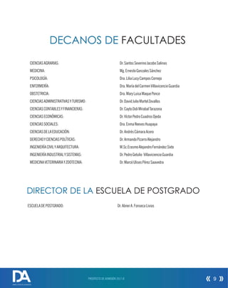 CIENCIASAGRARIAS: Dr.SantosSeverinoJacoboSalinas
MEDICINA: Mg.ErnestoGonzalesSánchez
PSICOLOGÍA: Dra.LiliaLucyCamposCornejo
ENFERMERÍA: Dra.MaríadelCarmenVillavicencioGuardia
OBSTETRICIA: Dra.MaryLuisaMaquePonce
CIENCIASADMINISTRATIVASYTURISMO: Dr.DavidJulioMartelZevallos
CIENCIASCONTABLESYFINANCIERAS: Dr.CaytoDidiMirabalTarazona
CIENCIASECONÓMICAS: Dr.VíctorPedroCuadrosOjeda
CIENCIASSOCIALES: Dra.EnmaReevesHuapaya
CIENCIASDELAEDUCACIÓN: Dr.AndrésCámaraAcero
DERECHOYCIENCIASPOLÍTICAS: Dr.ArmandoPizarroAlejandro
INGENIERÍACIVILYARQUITECTURA: M.Sc.ErasmoAlejandroFernándezSixto
INGENIERÍAINDUSTRIALYSISTEMAS: Dr.PedroGetulio VillaviciencioGuardia
MEDICINAVETERINARIAYZOOTECNIA: Dr.MarcéUlisesPérezSaavedra
DECANOS DE FACULTADES
DIRECTOR DE LA ESCUELA DE POSTGRADO
ESCUELADEPOSTGRADO: Dr.AbnerA.FonsecaLivias
PROSPECTO DE ADMISIÓN 2017-II 9
DIRECCIÓN DE ADMISIÓN
 