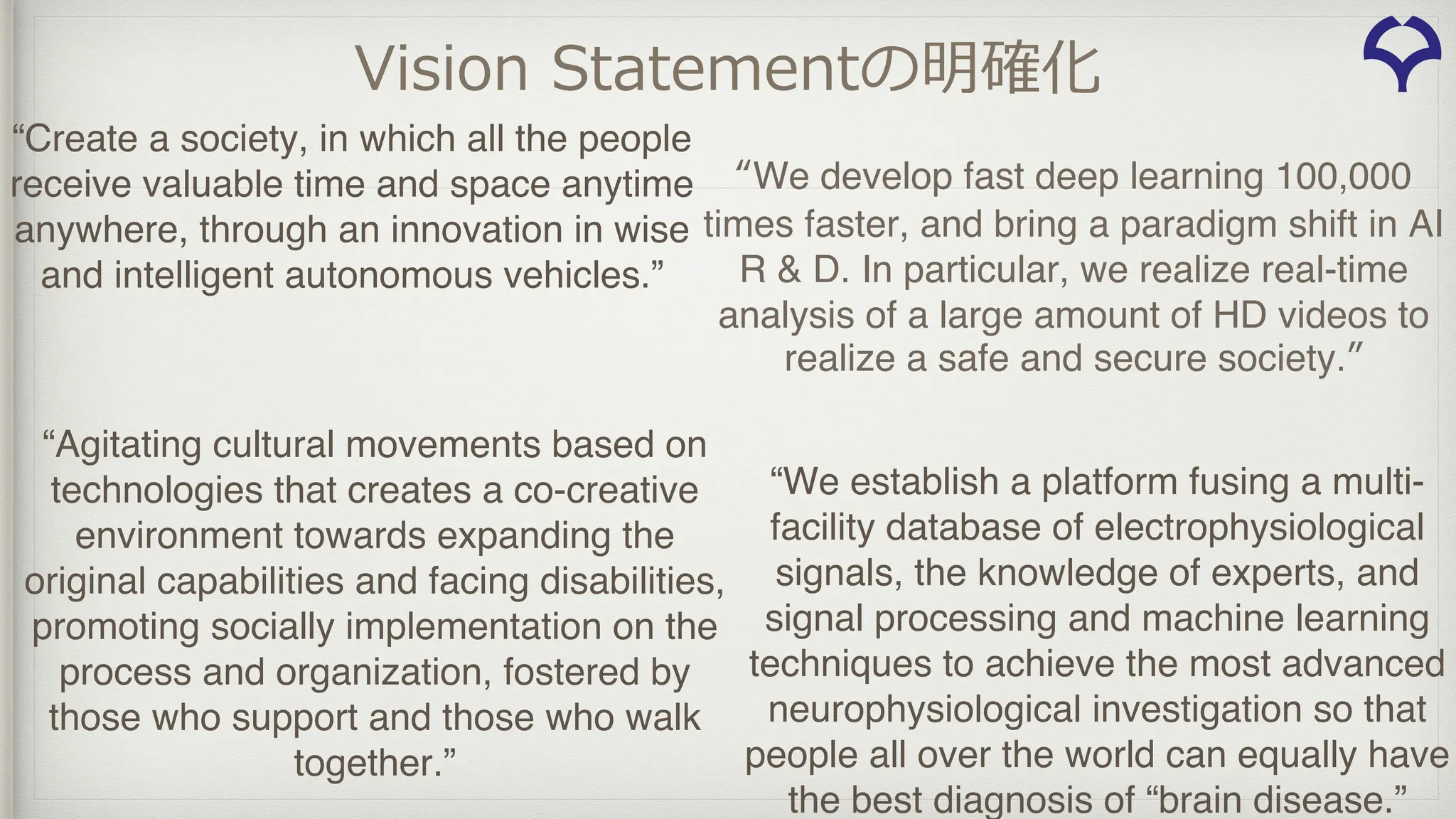 Vision Statementの明確化
“Create a society, in which all the people
receive valuable time and space anytime
anywhere, through an innovation in wise
and intelligent autonomous vehicles.”
“Agitating cultural movements based on
technologies that creates a co-creative
environment towards expanding the
original capabilities and facing disabilities,
promoting socially implementation on the
process and organization, fostered by
those who support and those who walk
together.”
“We develop fast deep learning 100,000
times faster, and bring a paradigm shift in AI
R & D. In particular, we realize real-time
analysis of a large amount of HD videos to
realize a safe and secure society.”
“We establish a platform fusing a multi-
facility database of electrophysiological
signals, the knowledge of experts, and
signal processing and machine learning
techniques to achieve the most advanced
neurophysiological investigation so that
people all over the world can equally have
the best diagnosis of “brain disease.”
 