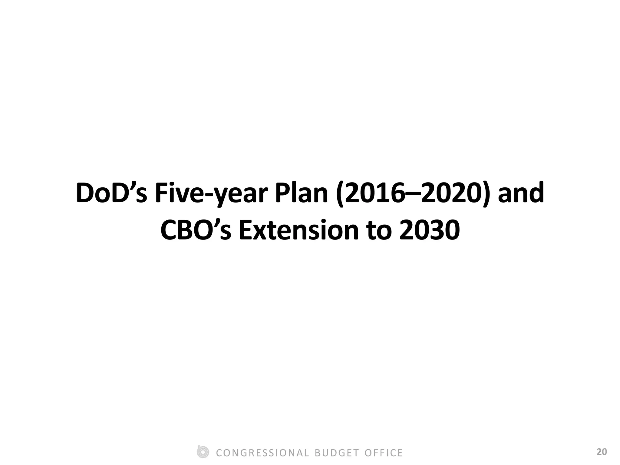 20CONGRESSIONAL BUDGET OFFICE
DoD’s Five-year Plan (2016–2020) and
CBO’s Extension to 2030
 