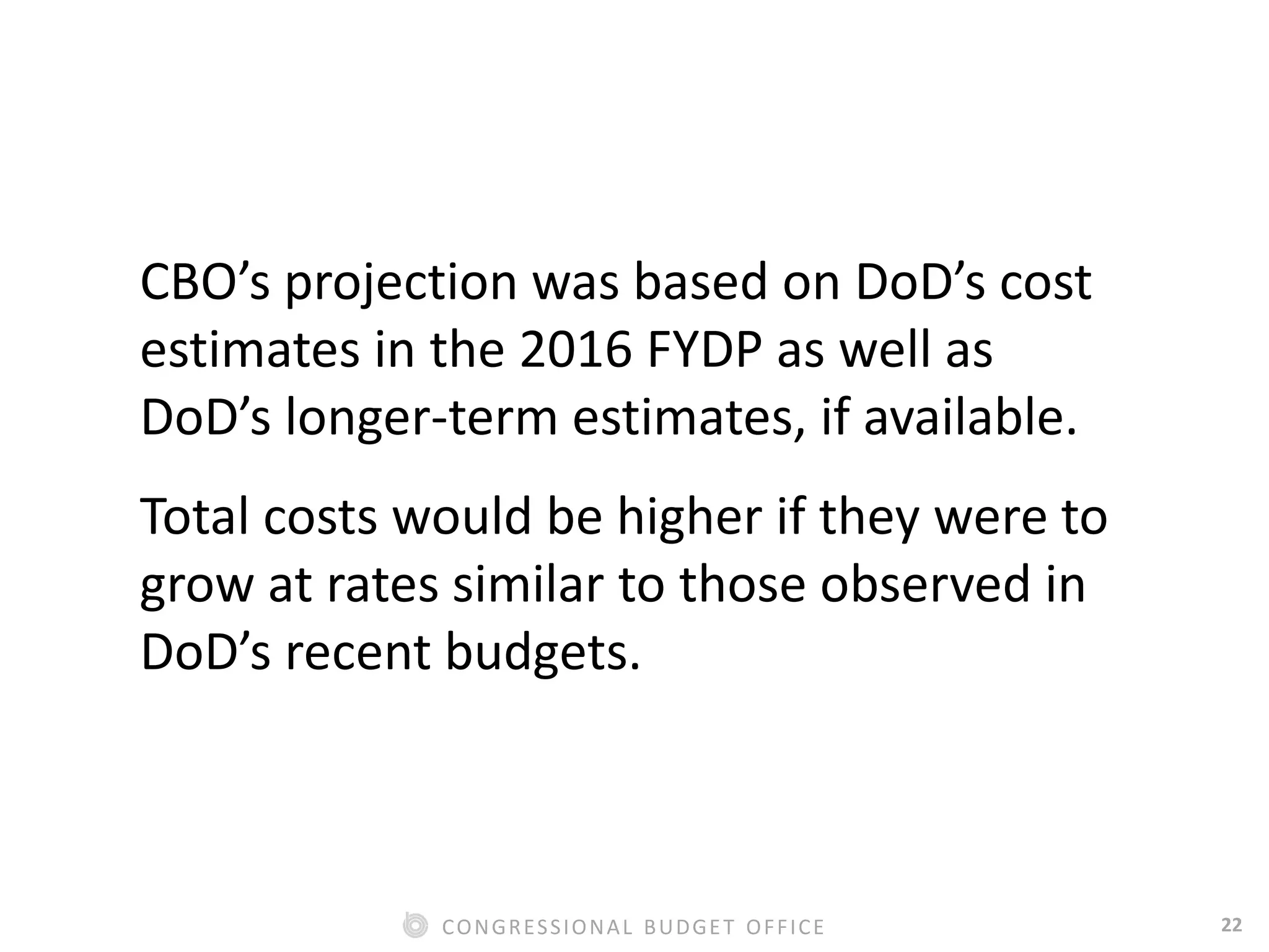 22CONGRESSIONAL BUDGET OFFICE
CBO’s projection was based on DoD’s cost
estimates in the 2016 FYDP as well as
DoD’s longer-term estimates, if available.
Total costs would be higher if they were to
grow at rates similar to those observed in
DoD’s recent budgets.
 