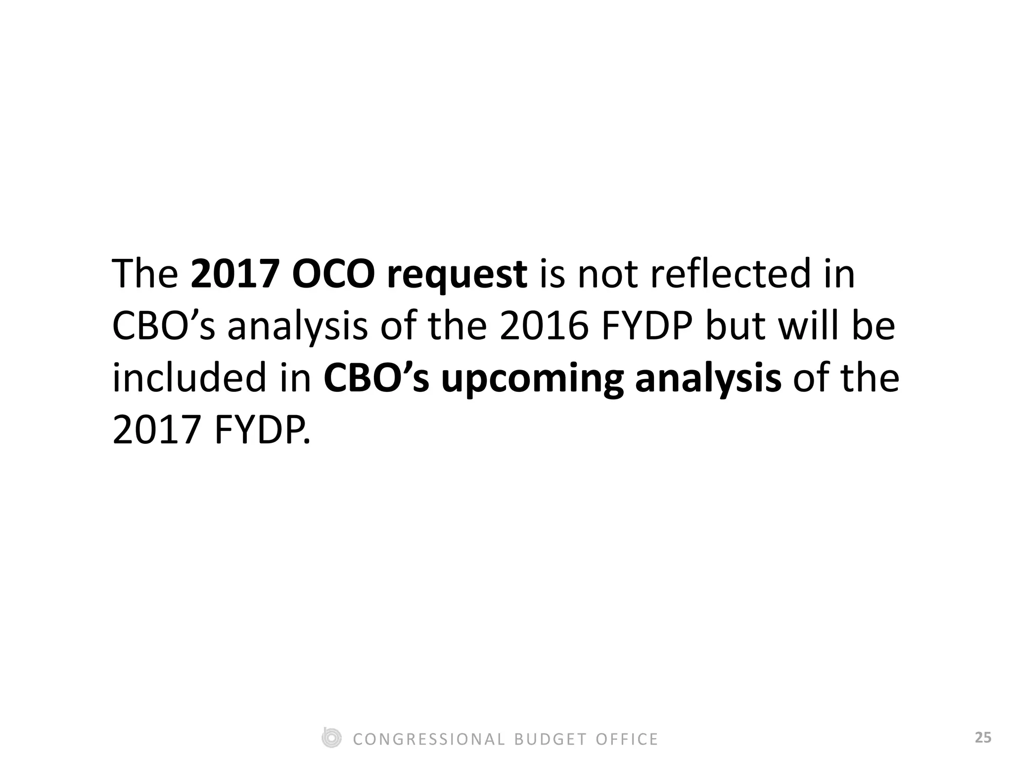 25CONGRESSIONAL BUDGET OFFICE
The 2017 OCO request is not reflected in
CBO’s analysis of the 2016 FYDP but will be
included in CBO’s upcoming analysis of the
2017 FYDP.
 