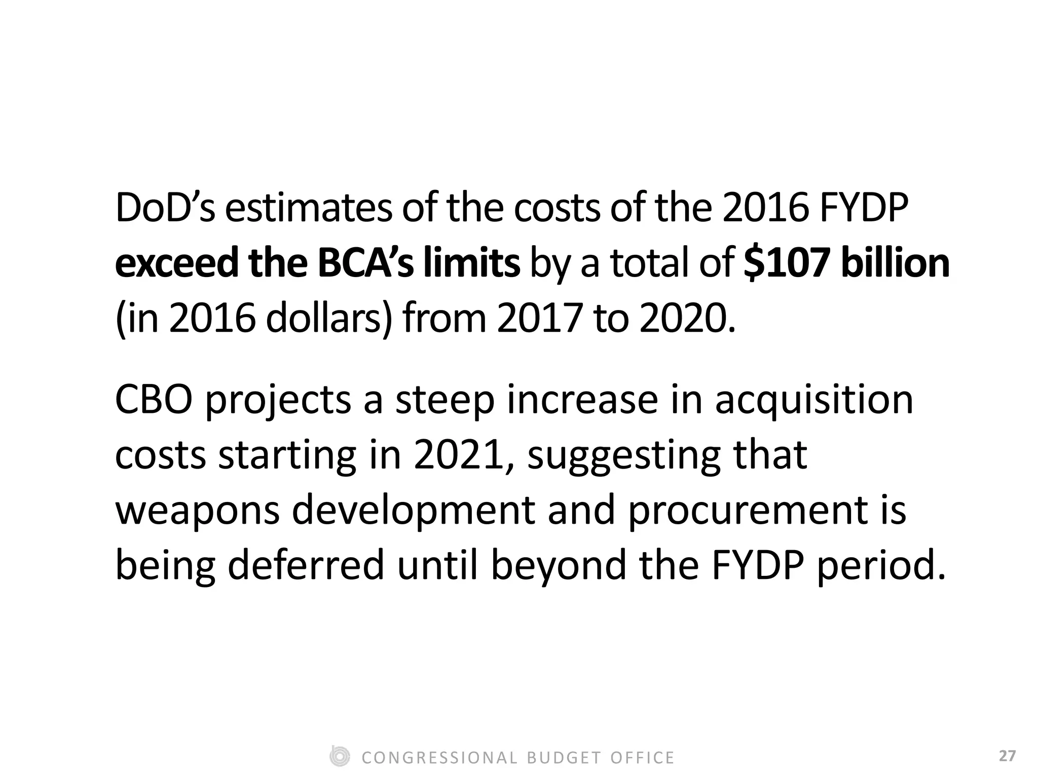 27CONGRESSIONAL BUDGET OFFICE
DoD’s estimates of the costs of the 2016 FYDP
exceed the BCA’s limits by a total of $107 billion
(in 2016 dollars) from 2017 to 2020.
CBO projects a steep increase in acquisition
costs starting in 2021, suggesting that
weapons development and procurement is
being deferred until beyond the FYDP period.
 