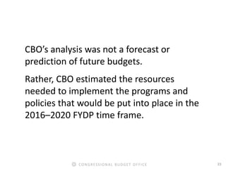 23CONGRESSIONAL BUDGET OFFICE
CBO’s analysis was not a forecast or
prediction of future budgets.
Rather, CBO estimated the resources
needed to implement the programs and
policies that would be put into place in the
2016–2020 FYDP time frame.
 