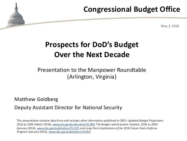 Congressional Budget Office
Presentation to the Manpower Roundtable
(Arlington, Virginia)
May 3, 2016
Matthew Goldberg
Dep...