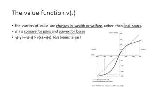 The value function v(.)
• The carriers of value are changes in wealth or welfare, rather than final states.
• v(.) is concave for gains and convex for losses
• v(-y) – v(-x) > v(x) –v(y): loss looms larger!
 