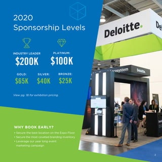 2020
Sponsorship Levels
INDUSTRY LEADER
$200K
GOLD:
$65K
SILVER:
$40K
PLATINUM:
$100K
BRONZE:
$25K
WHY BOOK EARLY?
• Secure the best location on the Expo Floor
• Secure the most coveted branding inventory
• Leverage our year long event
marketing campaign
View pg. 18 for exhibition pricing.
2
 