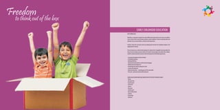 Freedom
  to think out of the box
                                                EARLY CHILDHOOD EDUCATION
                            OUR CURRICULUM

                            We follow a curriculum designed for early childhood learning with an aim to put our children
                            at the centre of their own learning and place, great emphasis is laid on nurturing skills and
                            attitudes such as resourcefulness, resilience and cooperation.

                            Teachers bring this curriculum alive by making links between the individual subjects and
                            applying them to topics.

                            The curriculum uses a theme based approach to impart brain compatible learning within the
                            frame work of a single concept or theme. The themes chosen begin to familiarize the children
                            with the world around them and aim for the development of the following domains.

                            - Language development which includes
                            - Listening & speaking
                            - Reading & Writing
                            - A balance between phonics and the whole language
                            - Mathematical development
                            - Knowledge and understanding the world
                            - Creative development
                            - Motor development – including gross & fine motor skills
                            - Personal , social and emotional development


                            CURRICULUM FRAMEWORKS ARE ENRICHED WITH THE HELP OF VARIOUS AREAS
                            - Blocks
                            - Dramatic Play
                            - Toys & Games
                            - Art & Craft
                            - Library
                            - Discovery
                            - Sand & water
                            - Music & Movement
                            - Cookery
                            - Technology
                            - Outdoors.
 