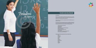 Freedom         OUR CURRICULUM
                                    TEACHER-CHILD RELATIONSHIP

   to express   We follow a curriculum designed for early childhood learning with an aim to put our children
                at the centre of their own learning and place, great emphasis is laid on nurturing skills and
                attitudes such as resourcefulness, resilience and cooperation.

                Teachers bring this curriculum alive by making links between the individual subjects and
                applying them to topics.

                The curriculum uses a theme based approach to impart brain compatible learning within the
                frame work of a single concept or theme. The themes chosen begin to familiarize the children
                with the world around them and aim for the development of the following domains.

                ?         Language development which includes
                ?         Listening & speaking
                ?         Reading & Writing
                ?         A balance between phonics and the whole language
                ?         Mathematical development
                ?         Knowledge and understanding the world
                ?         Creative development
                ?         Motor development – including gross & fine motor skills
                ?         Personal , social and emotional development


                CURRICULUM FRAMEWORKS ARE ENRICHED WITH THE HELP OF VARIOUS AREAS
                ?        Blocks
                ?        Dramatic Play
                ?        Toys & Games
                ?        Art & Craft
                ?        Library
                ?        Discovery
                ?        Sand & water
                ?        Music & Movement
                ?        Cookery
                ?        Technology
                ?        Outdoors.
 